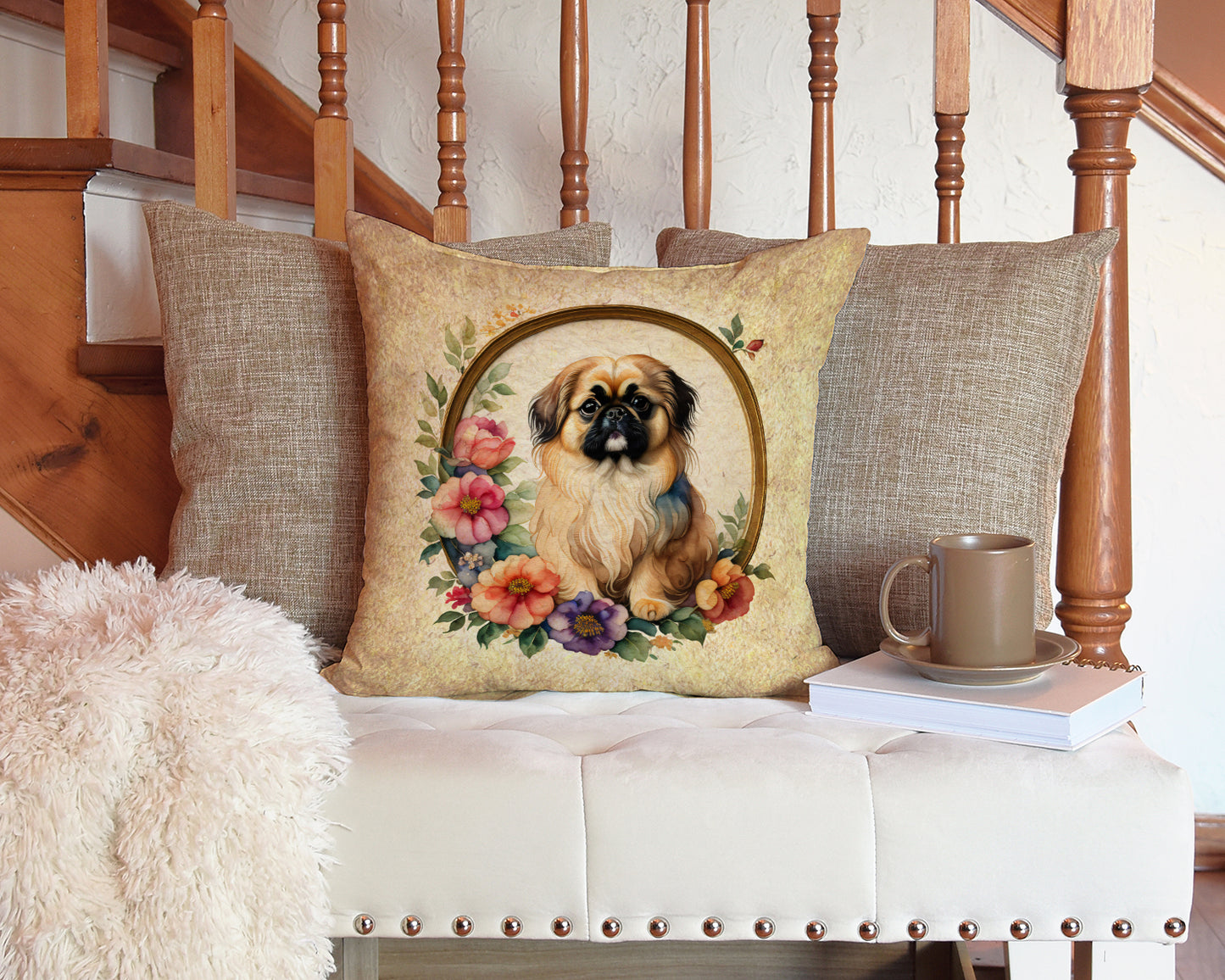 Pekingese and Flowers Throw Pillow