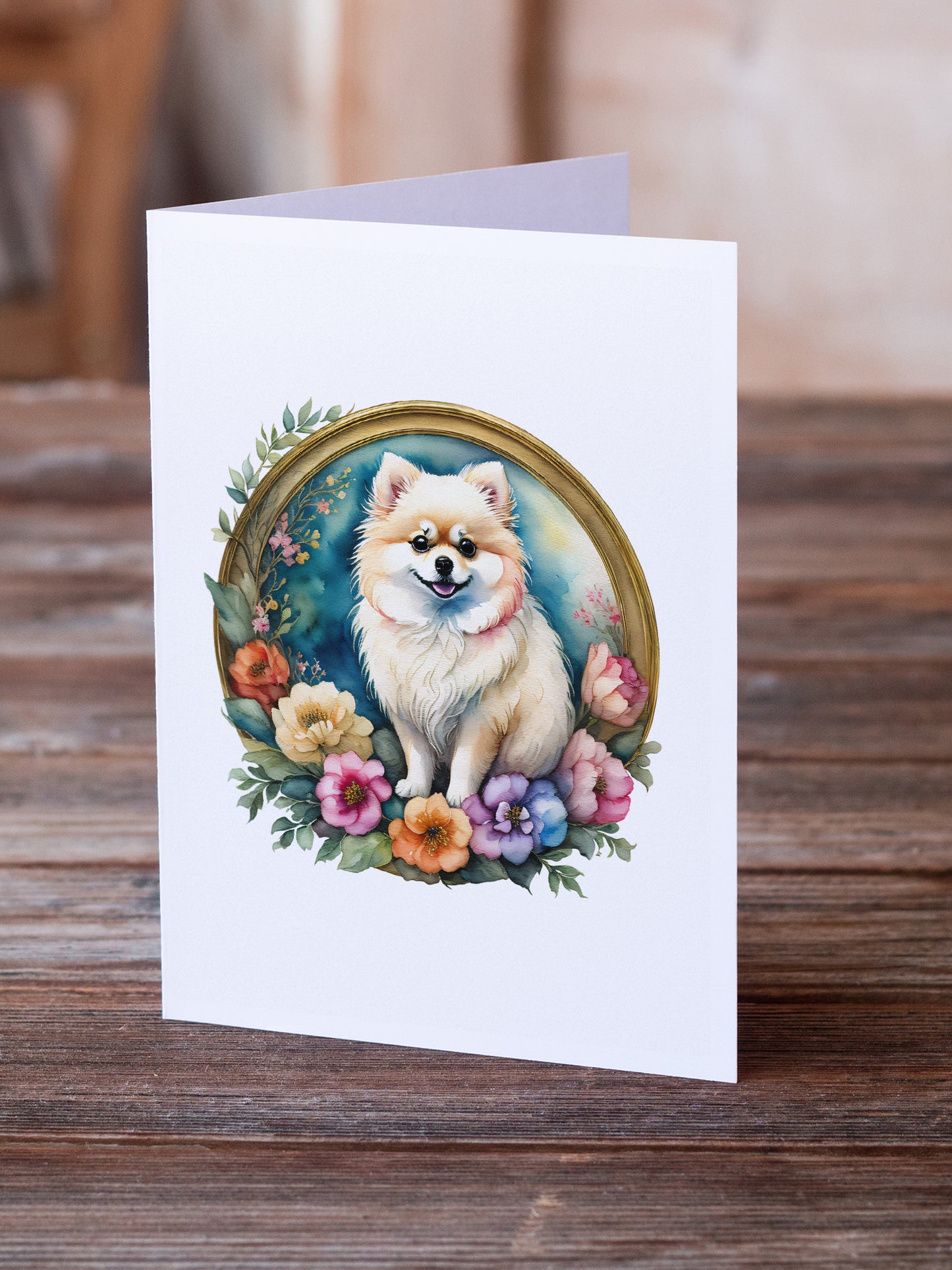 Pomeranian and Flowers Greeting Cards Pack of 8