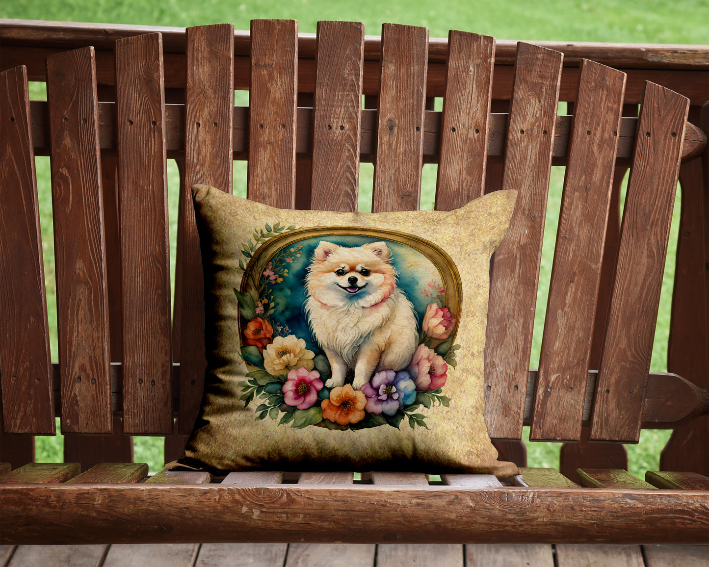 Pomeranian and Flowers Throw Pillow