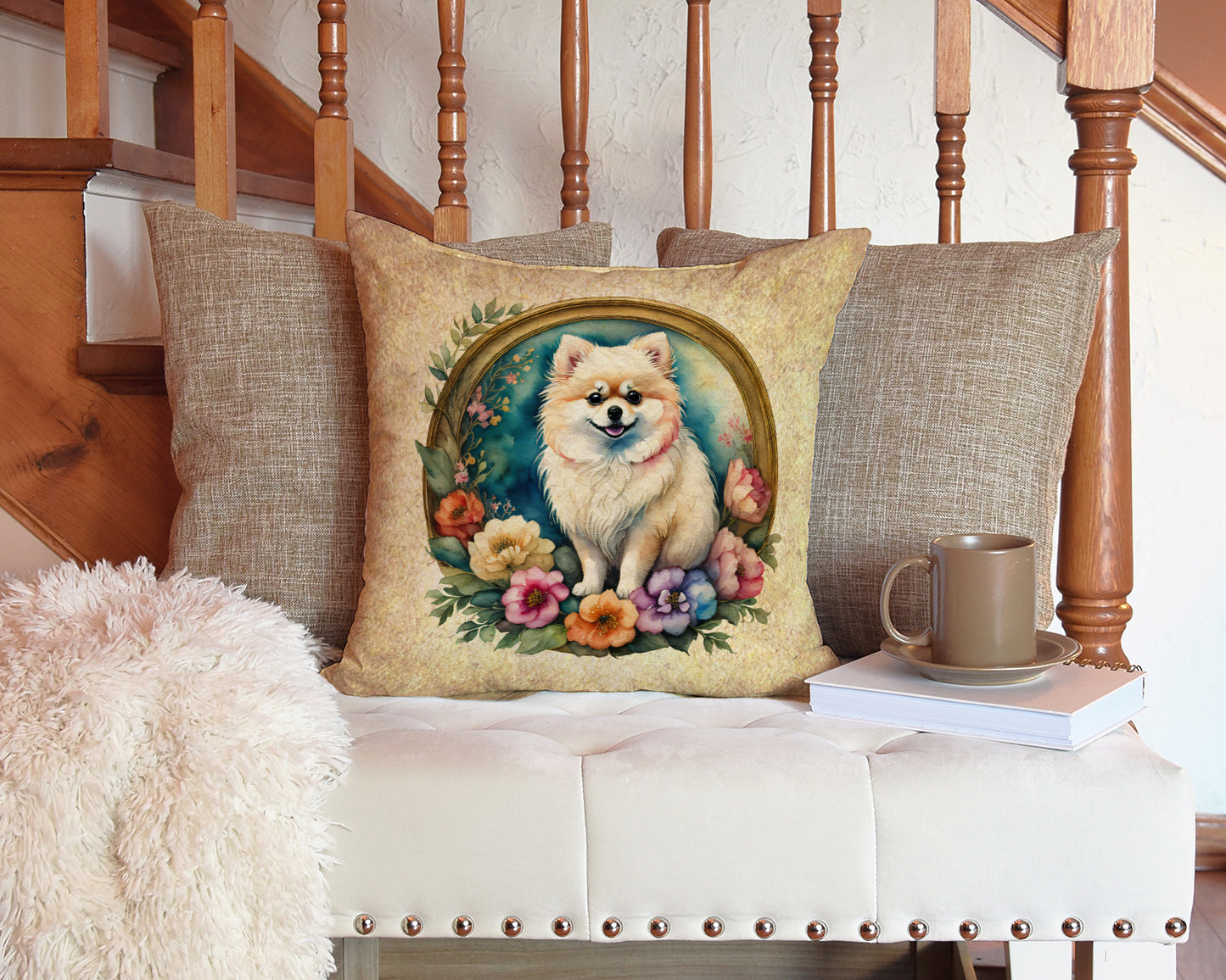 Pomeranian and Flowers Throw Pillow