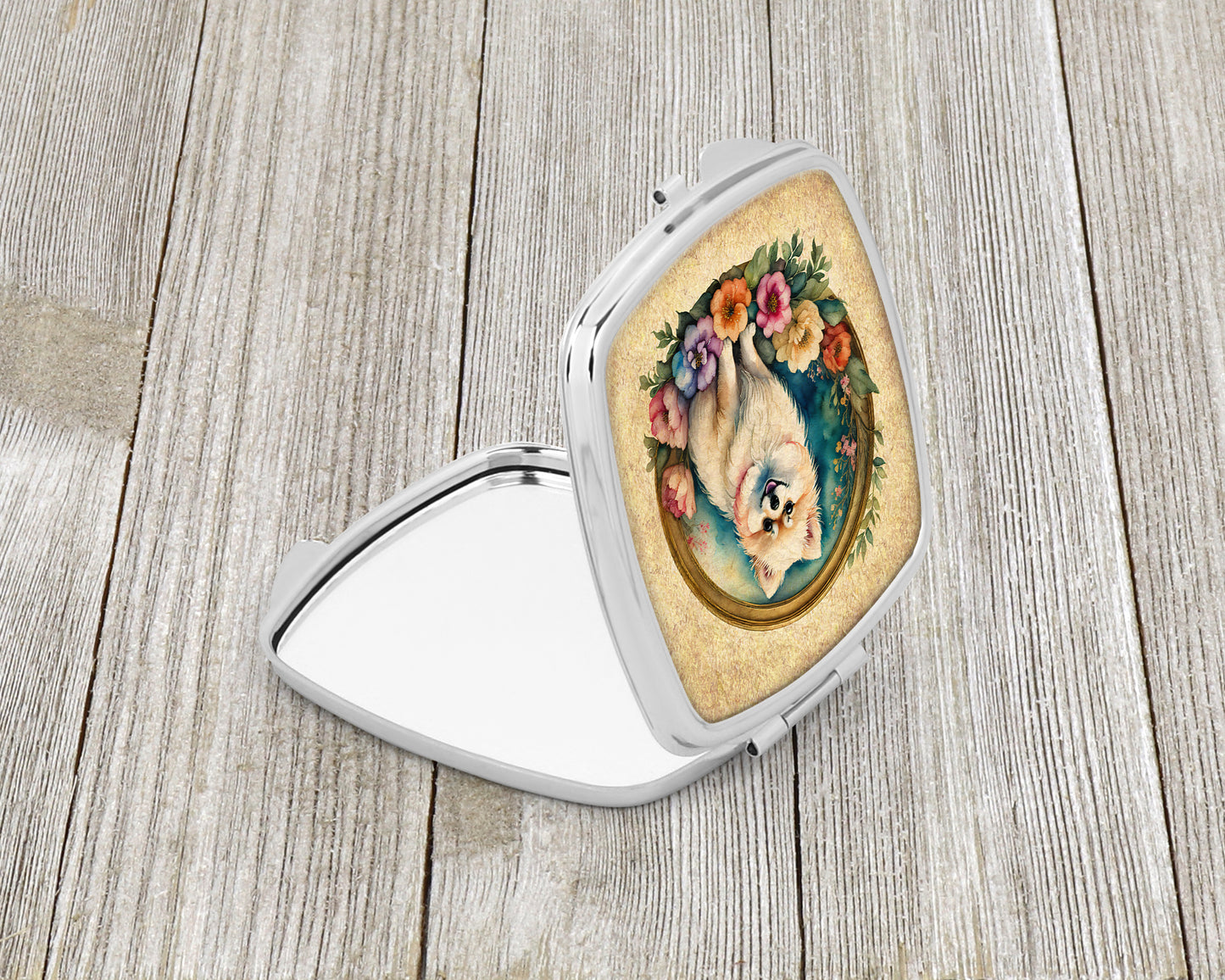 Pomeranian and Flowers Compact Mirror