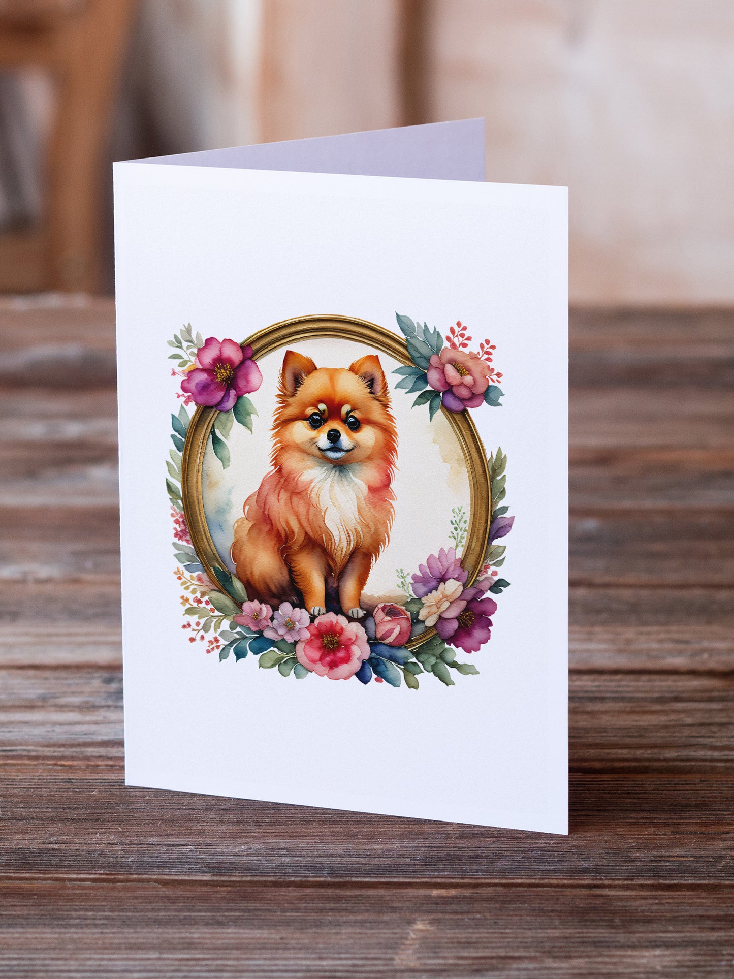 Pomeranian and Flowers Greeting Cards Pack of 8