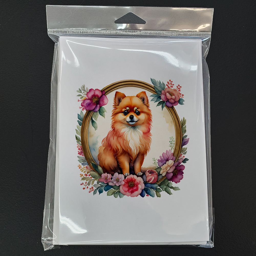 Pomeranian and Flowers Greeting Cards Pack of 8