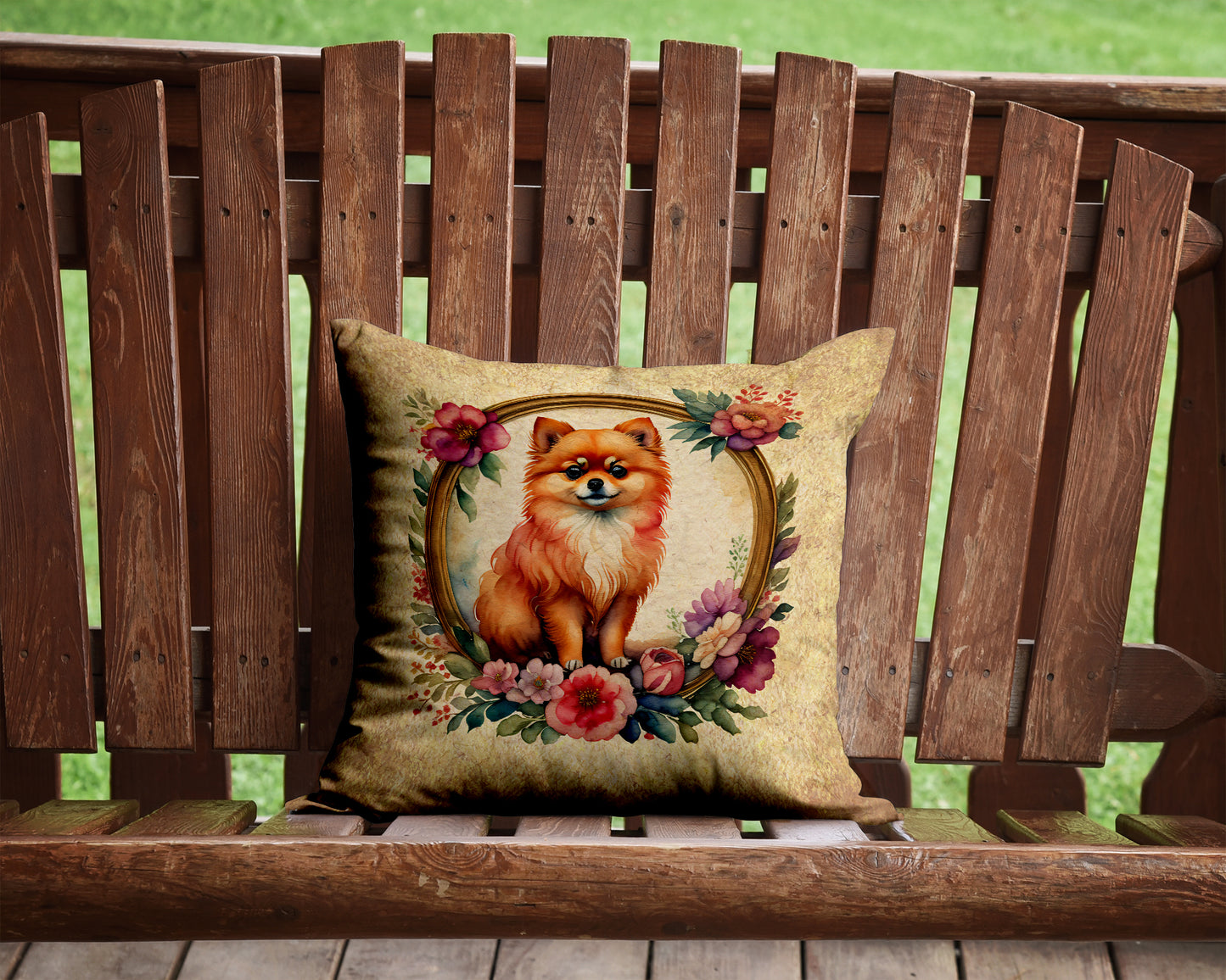 Pomeranian and Flowers Throw Pillow