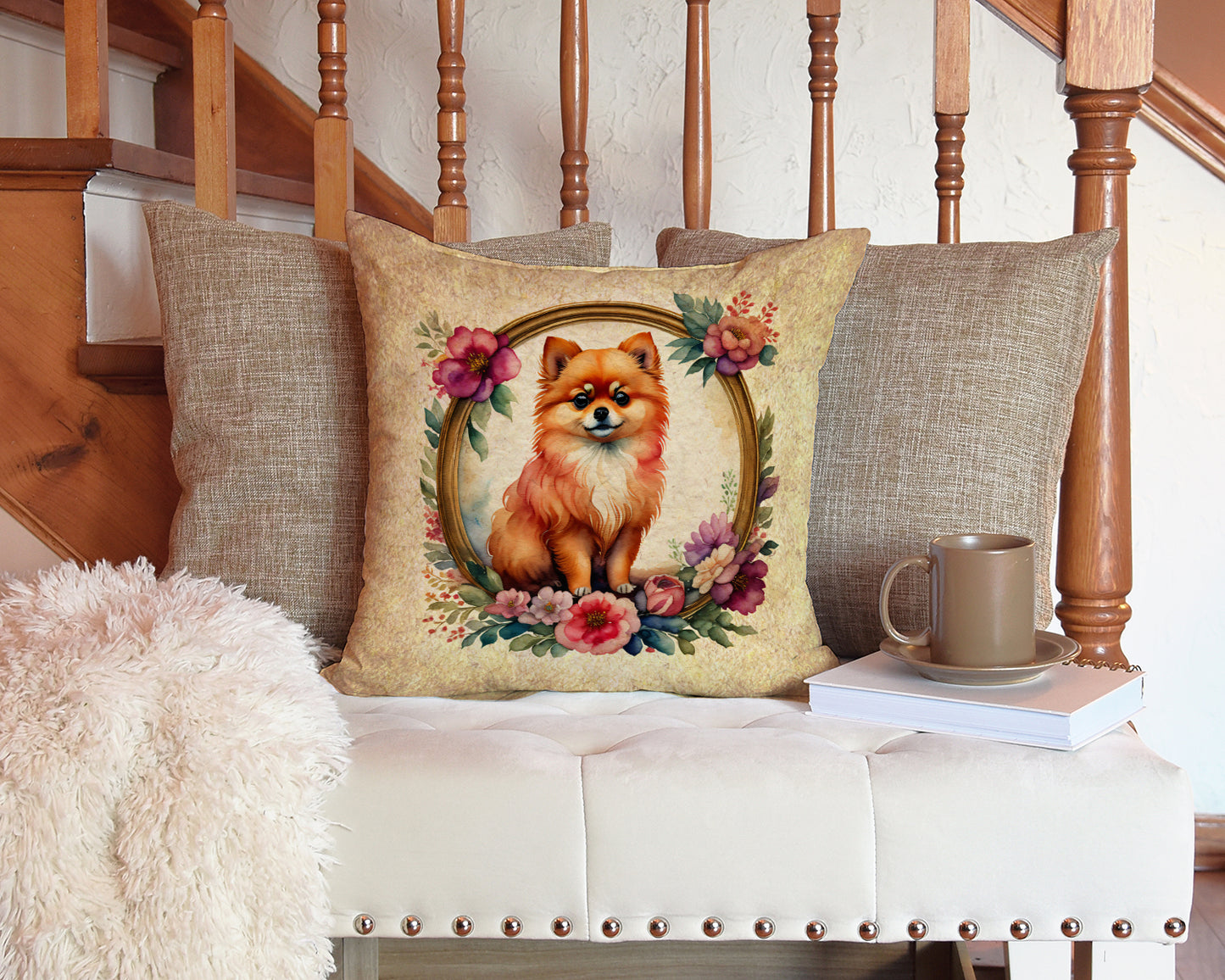 Pomeranian and Flowers Throw Pillow