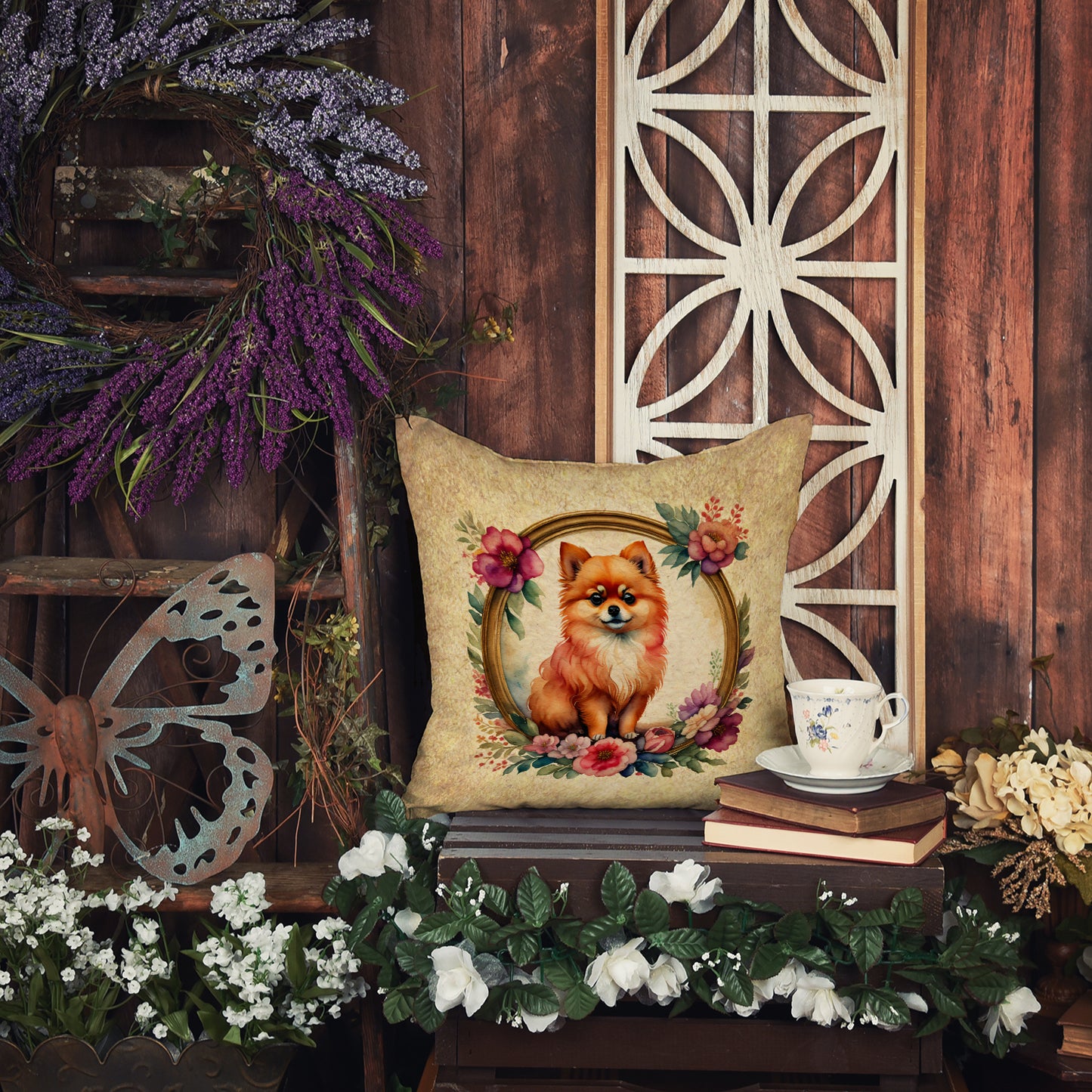 Pomeranian and Flowers Throw Pillow