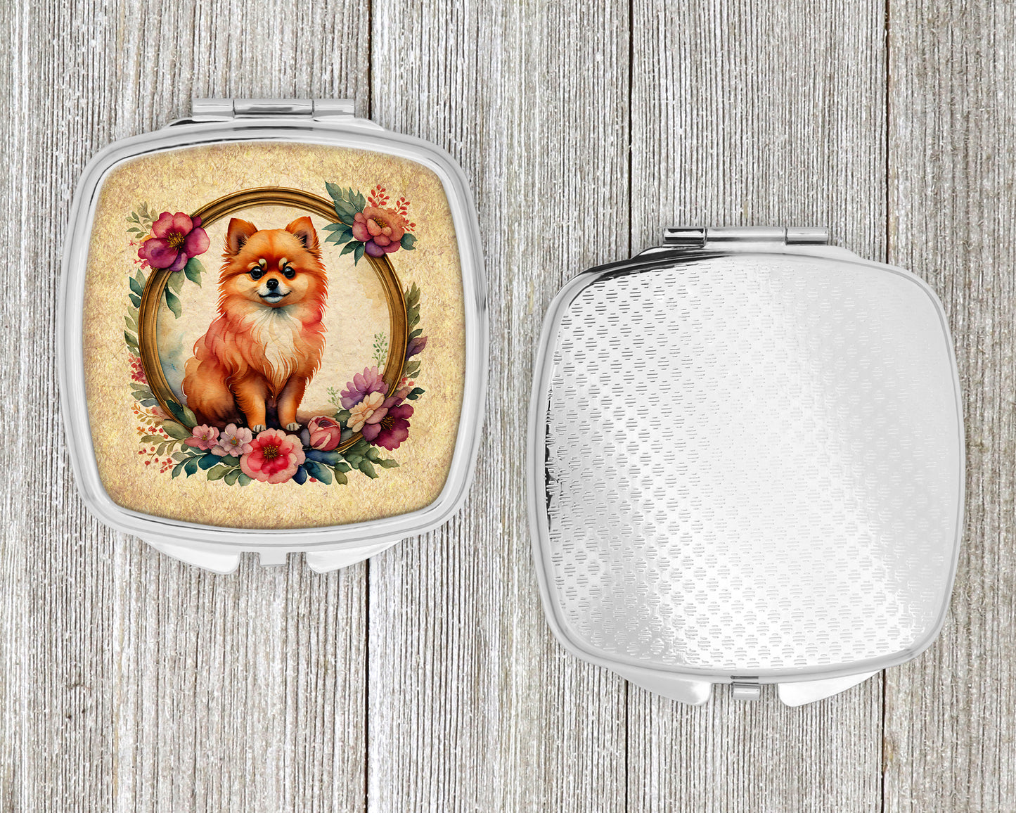 Pomeranian and Flowers Compact Mirror