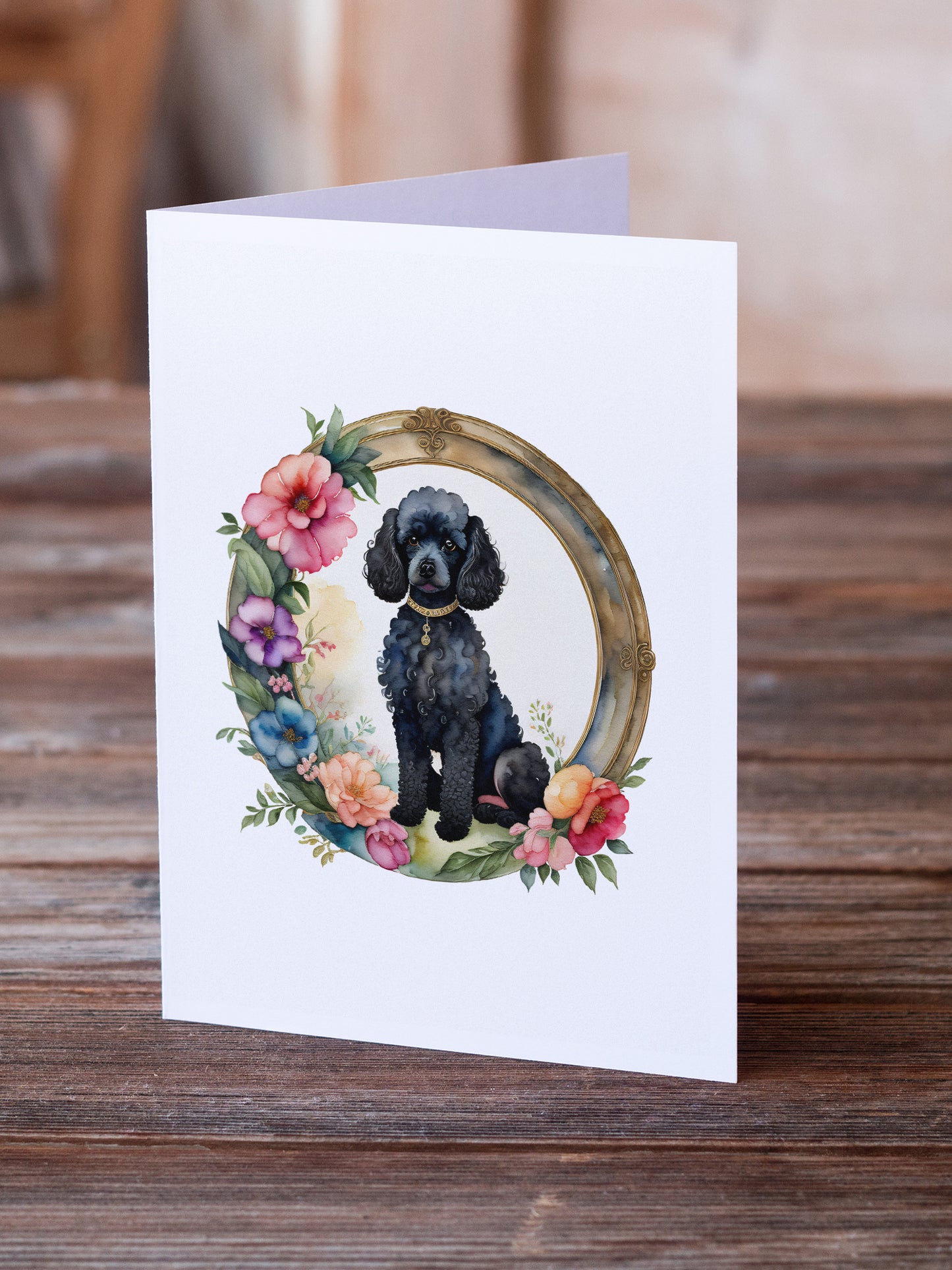 Black Poodle and Flowers Greeting Cards Pack of 8