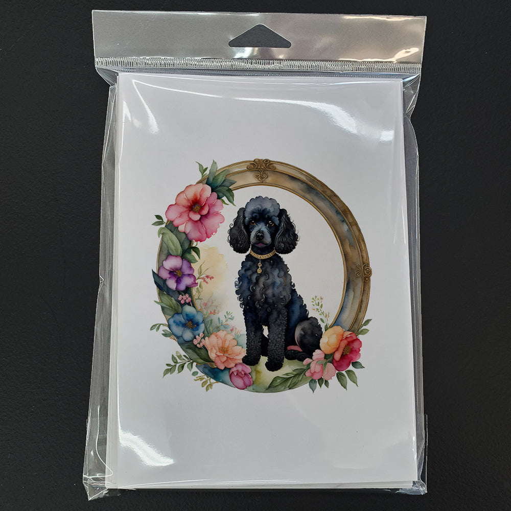 Black Poodle and Flowers Greeting Cards Pack of 8