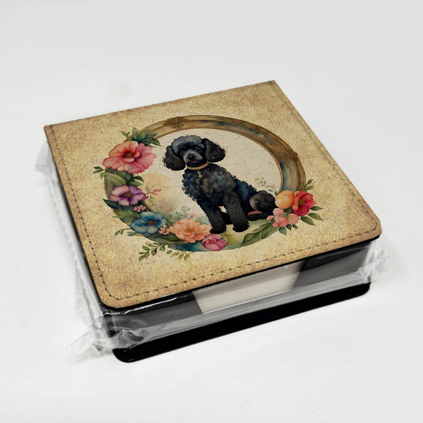 Black Poodle and Flowers PU Leather Note Paper Holder