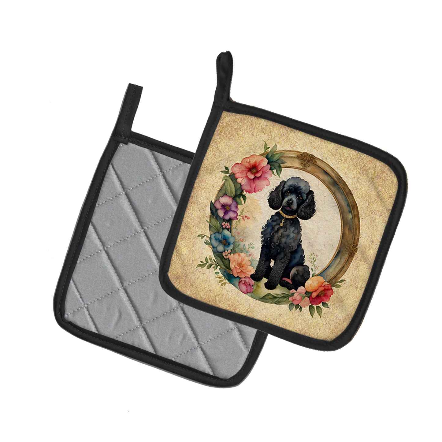 Black Poodle and Flowers Pair of Pot Holders