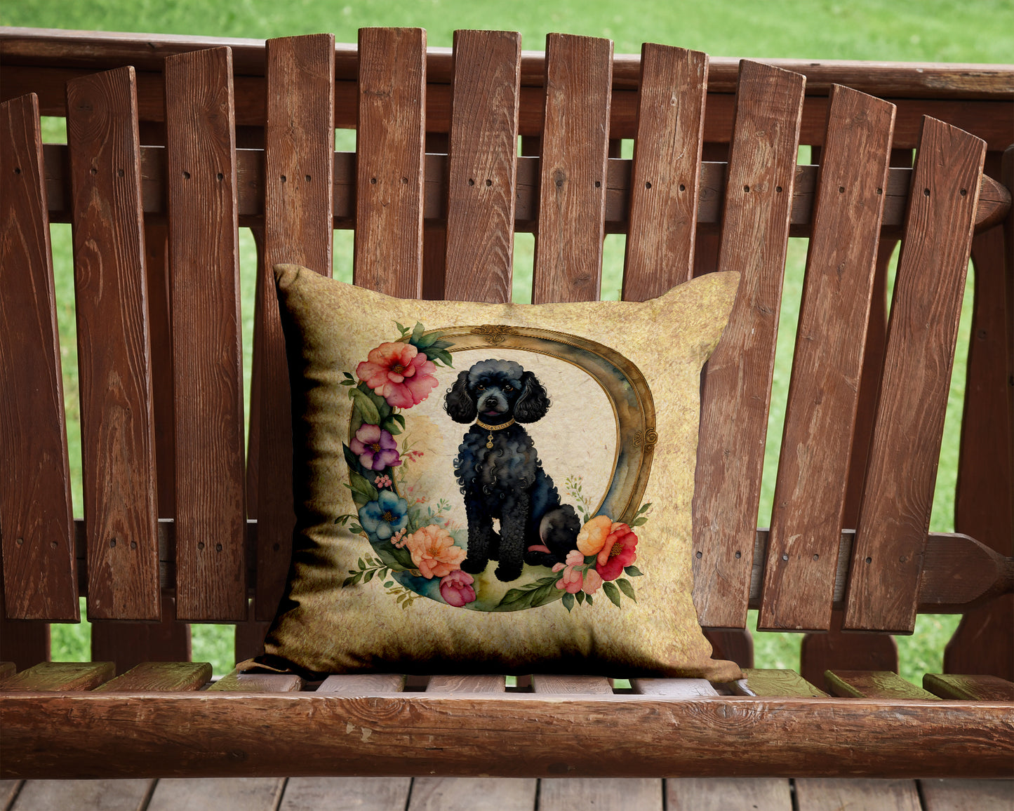 Black Poodle and Flowers Throw Pillow