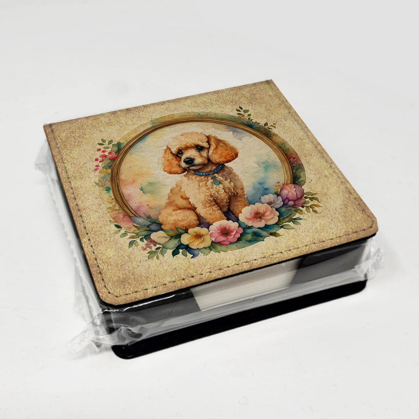 Poodle and Flowers PU Leather Note Paper Holder