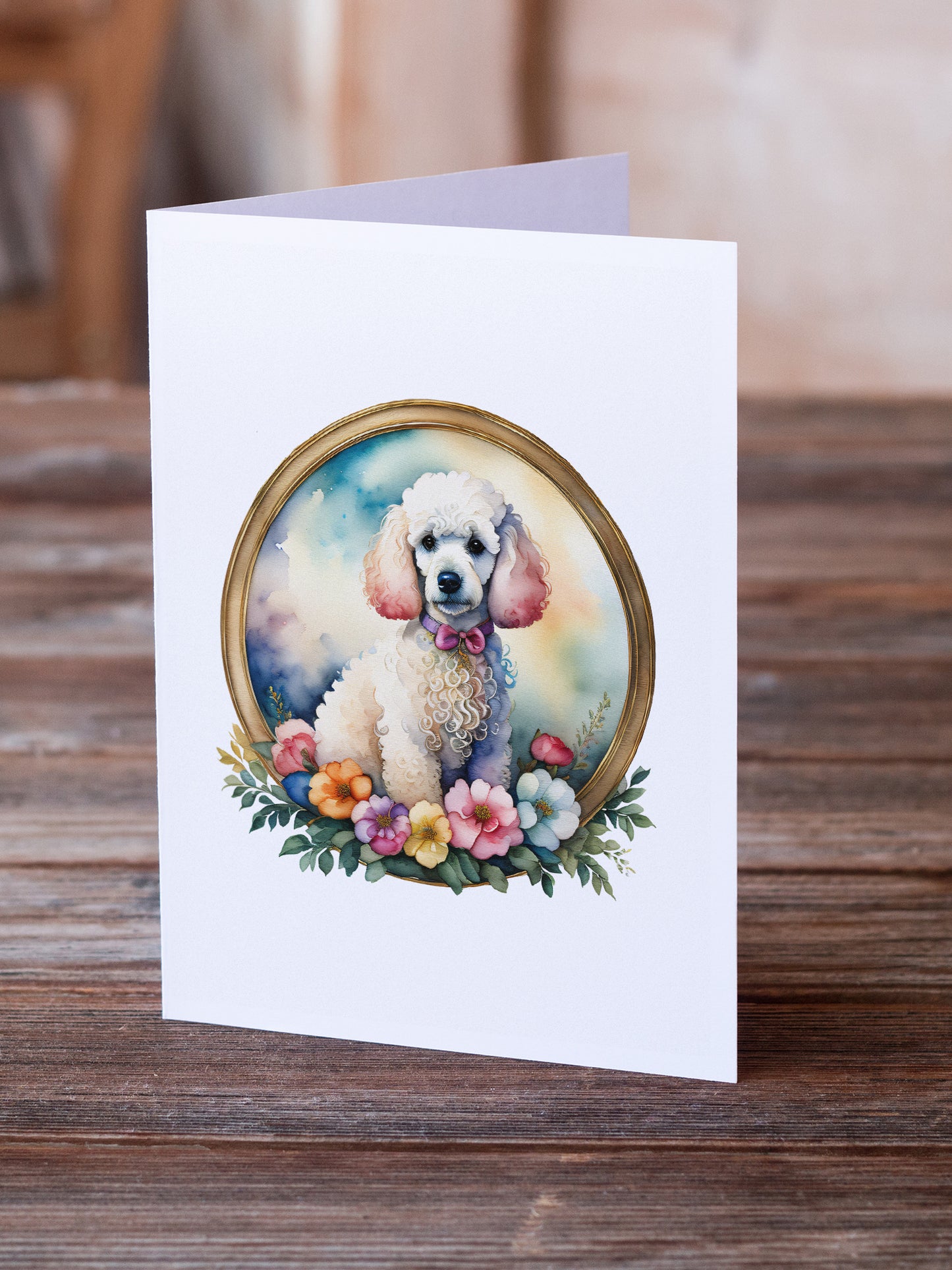 White Poodle and Flowers Greeting Cards Pack of 8