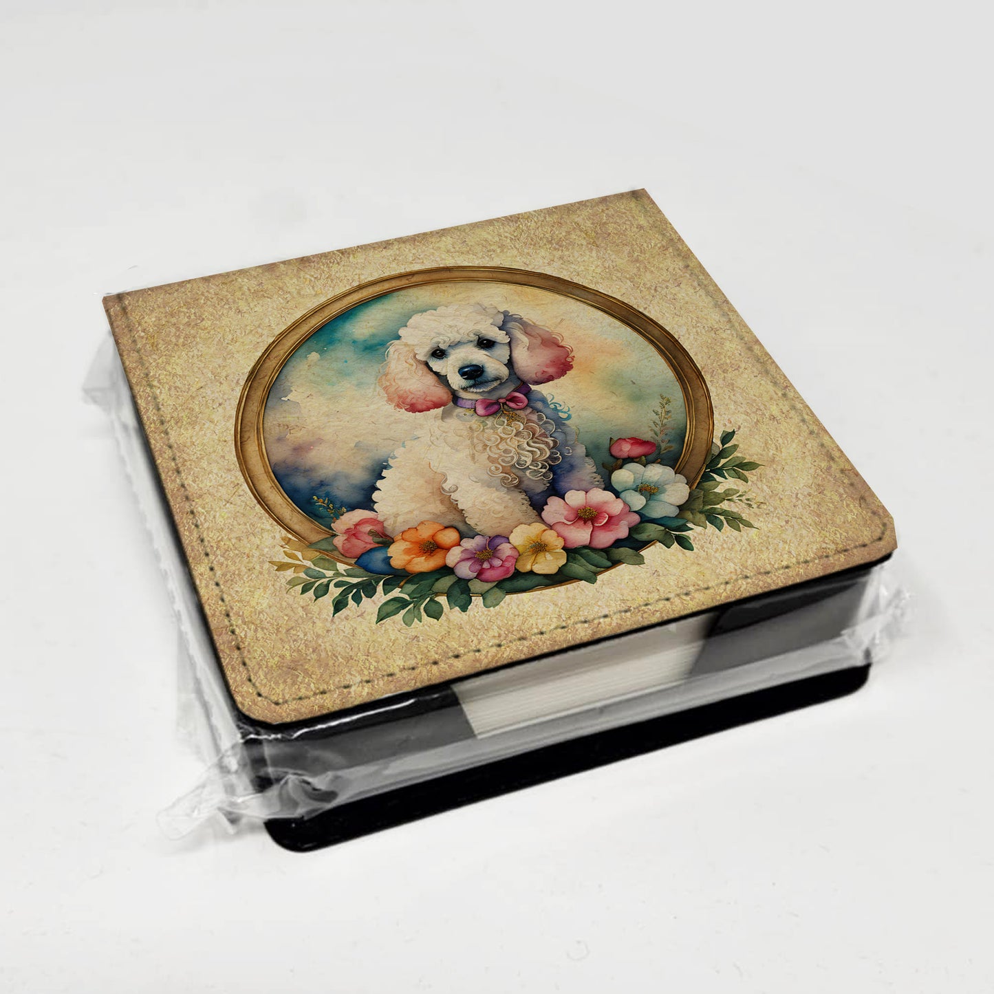 White Poodle and Flowers PU Leather Note Paper Holder