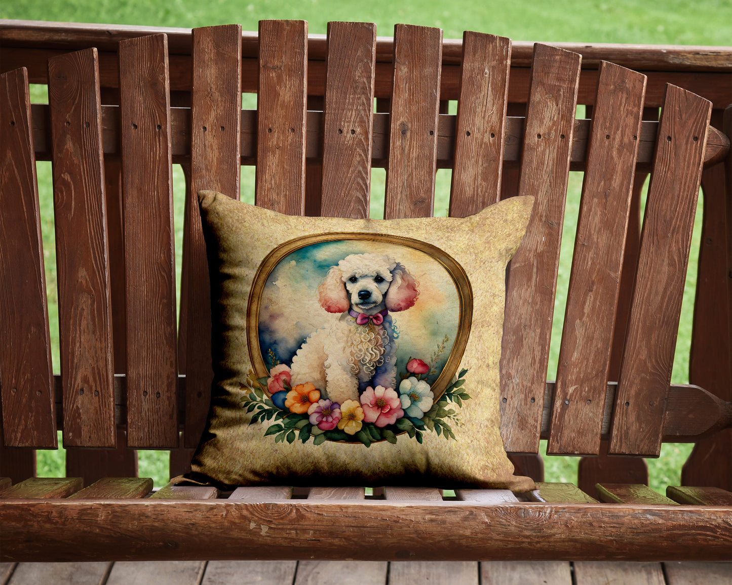 White Poodle and Flowers Throw Pillow