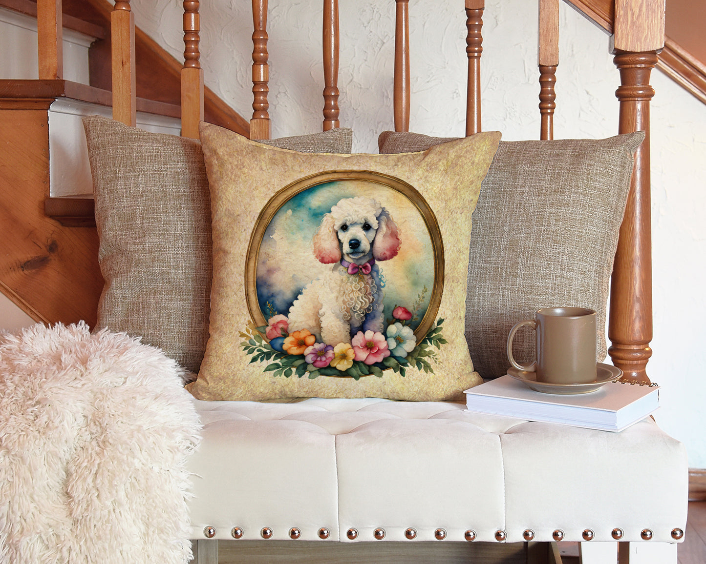 White Poodle and Flowers Throw Pillow