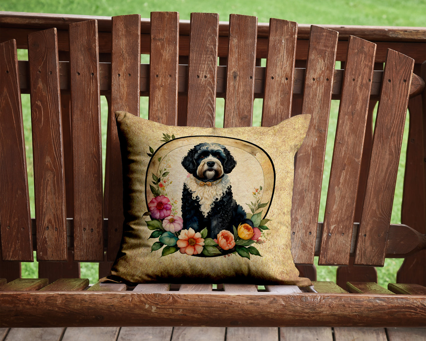 Portuguese Water Dog and Flowers Throw Pillow