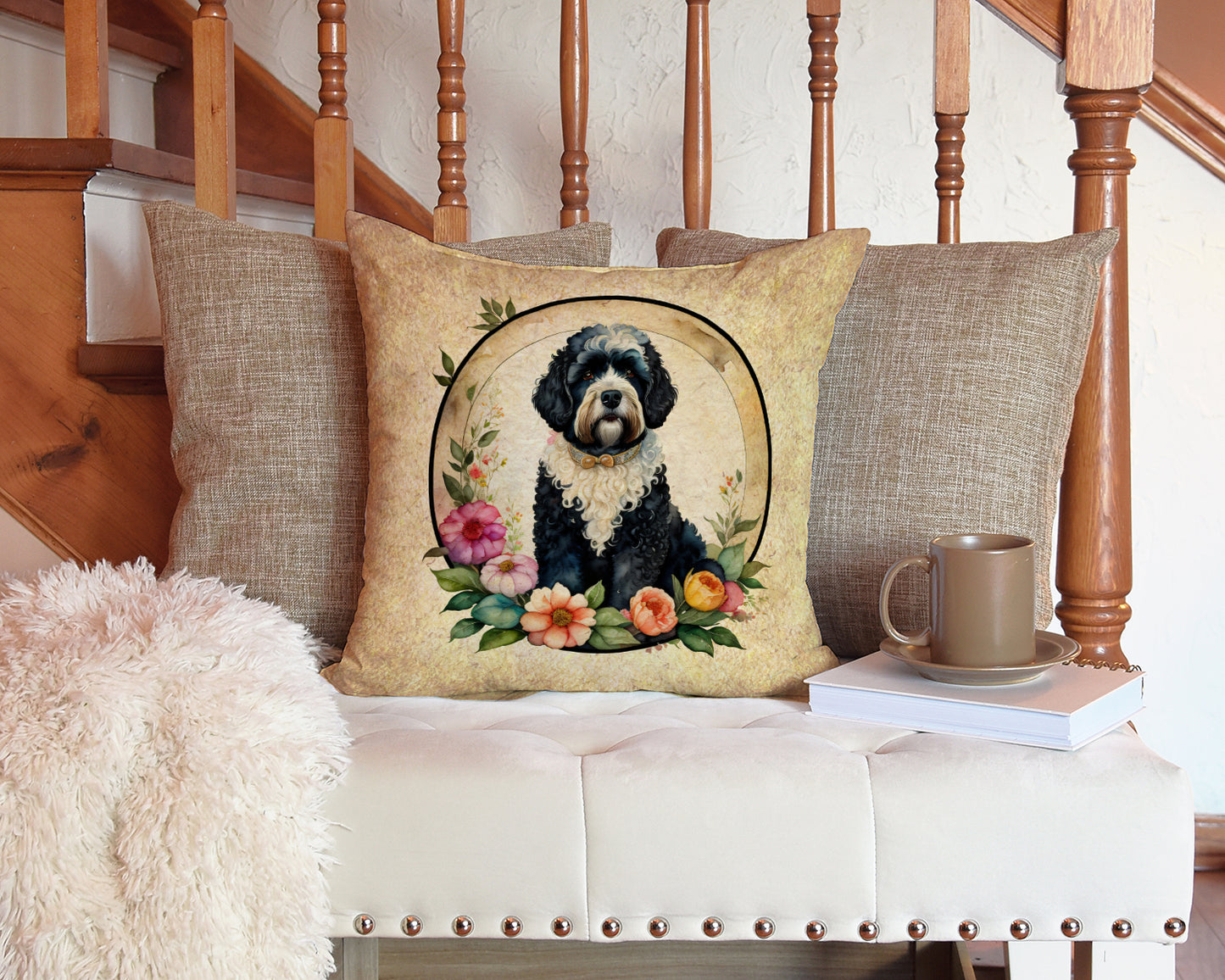 Portuguese Water Dog and Flowers Throw Pillow