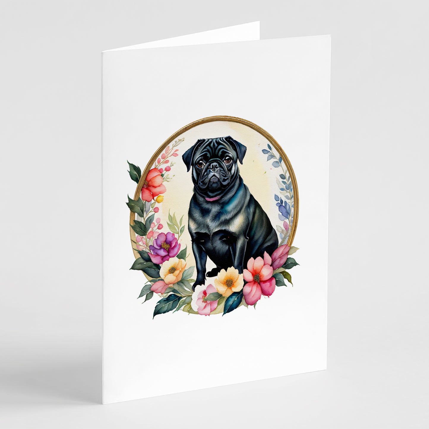 Buy this Black Pug and Flowers Greeting Cards Pack of 8