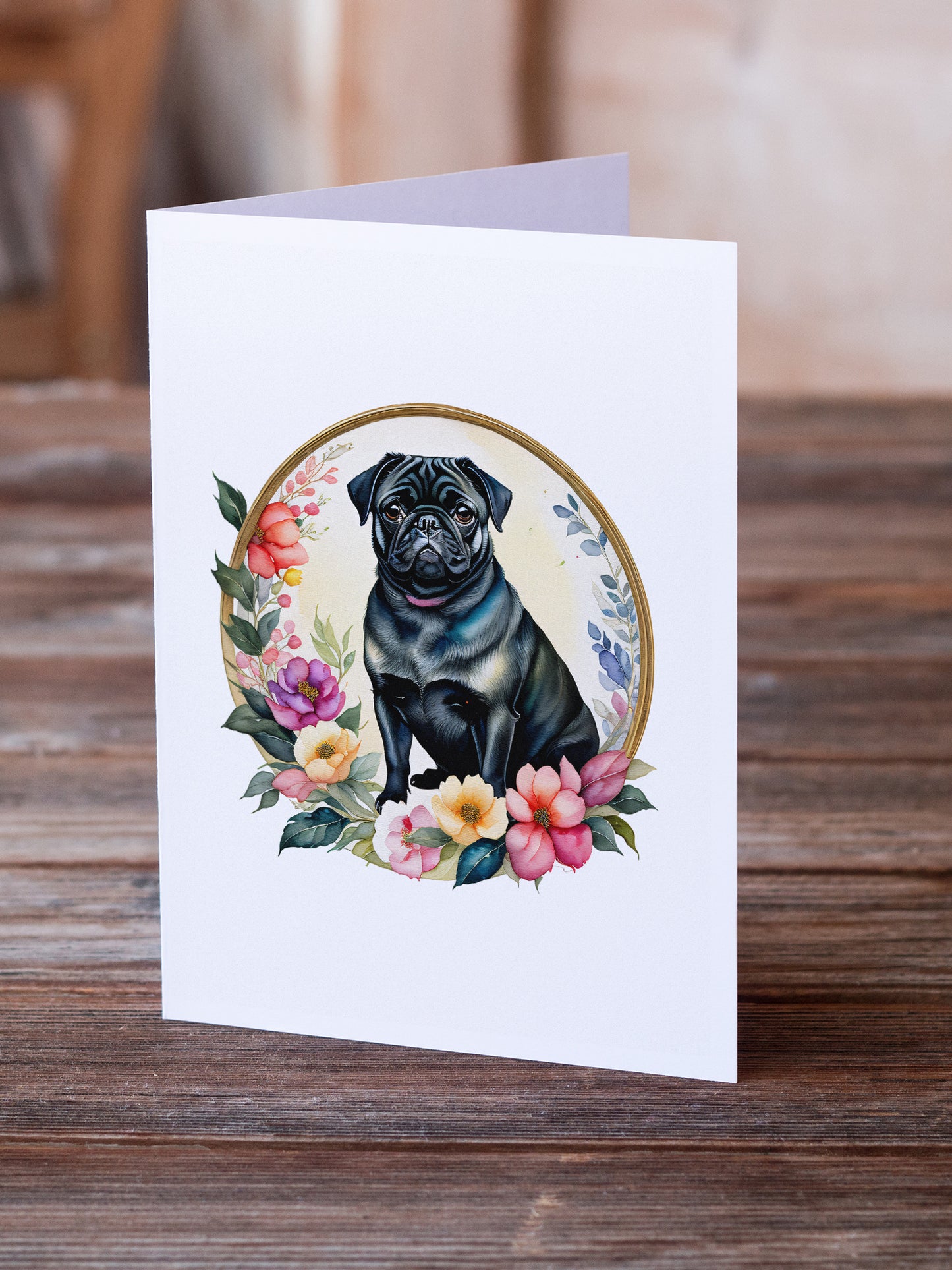 Black Pug and Flowers Greeting Cards Pack of 8