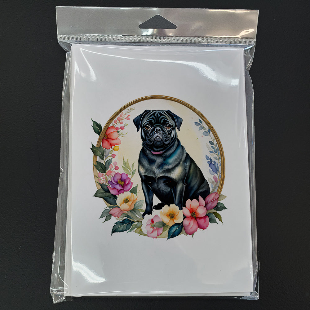 Black Pug and Flowers Greeting Cards Pack of 8