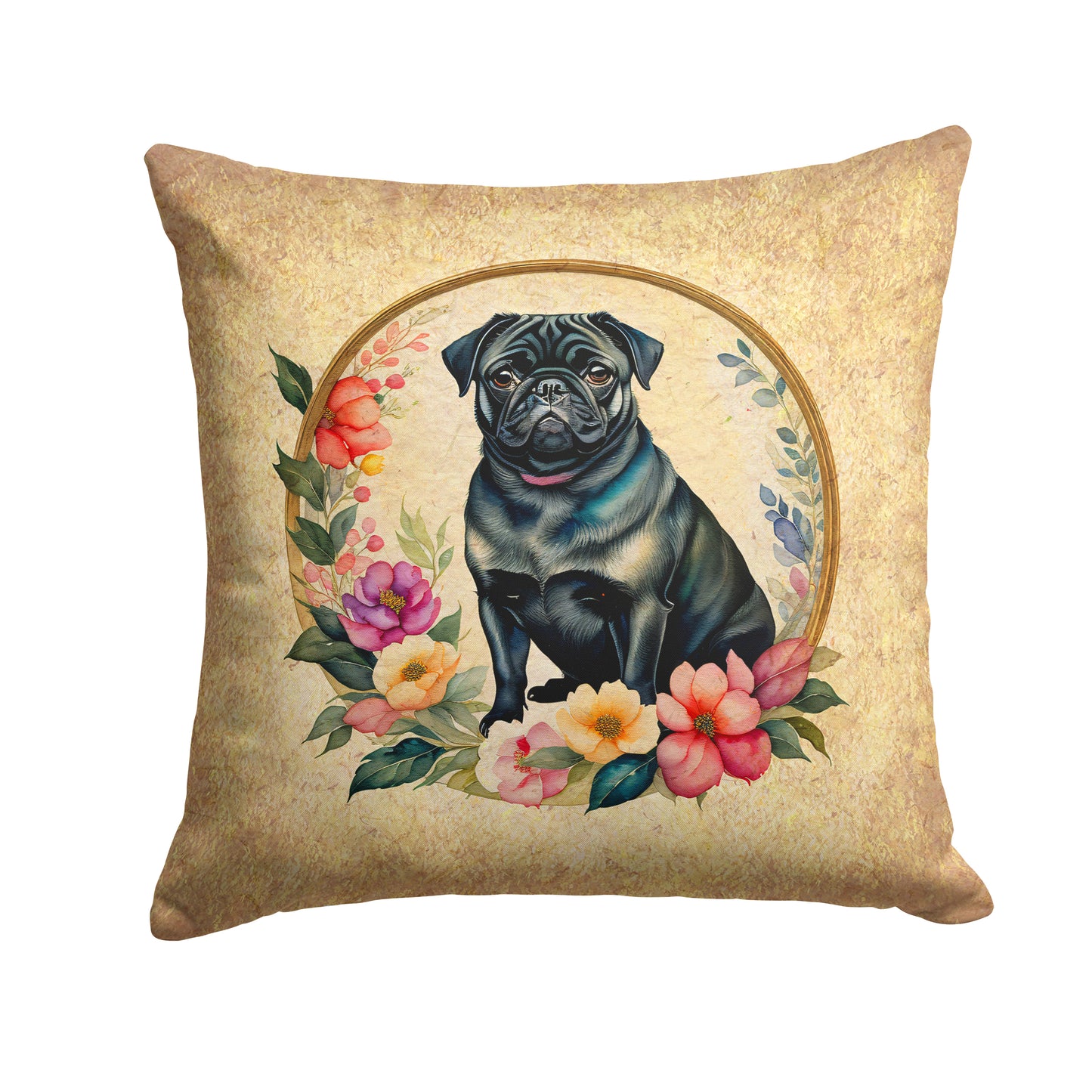 Buy this Black Pug and Flowers Throw Pillow