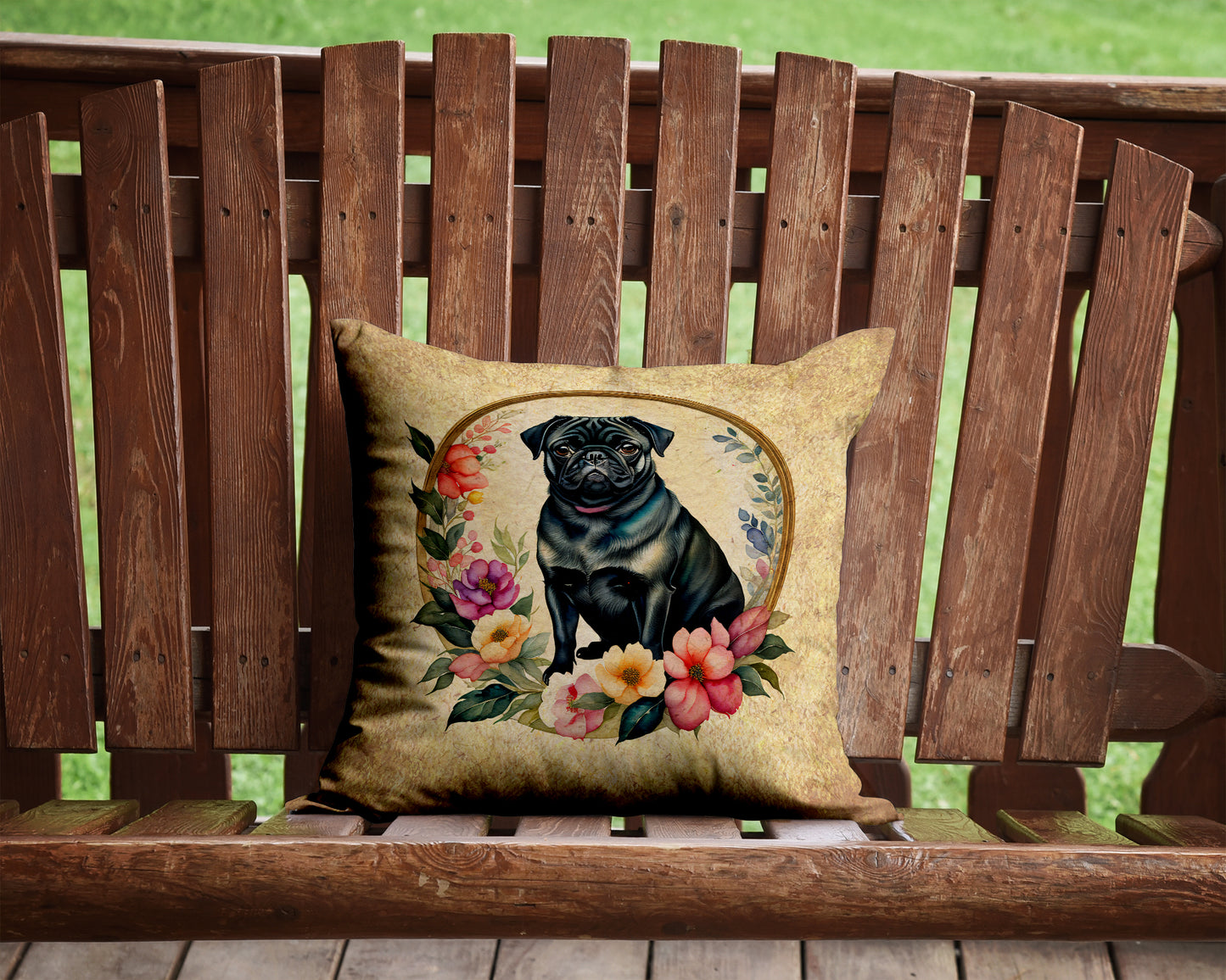 Black Pug and Flowers Throw Pillow