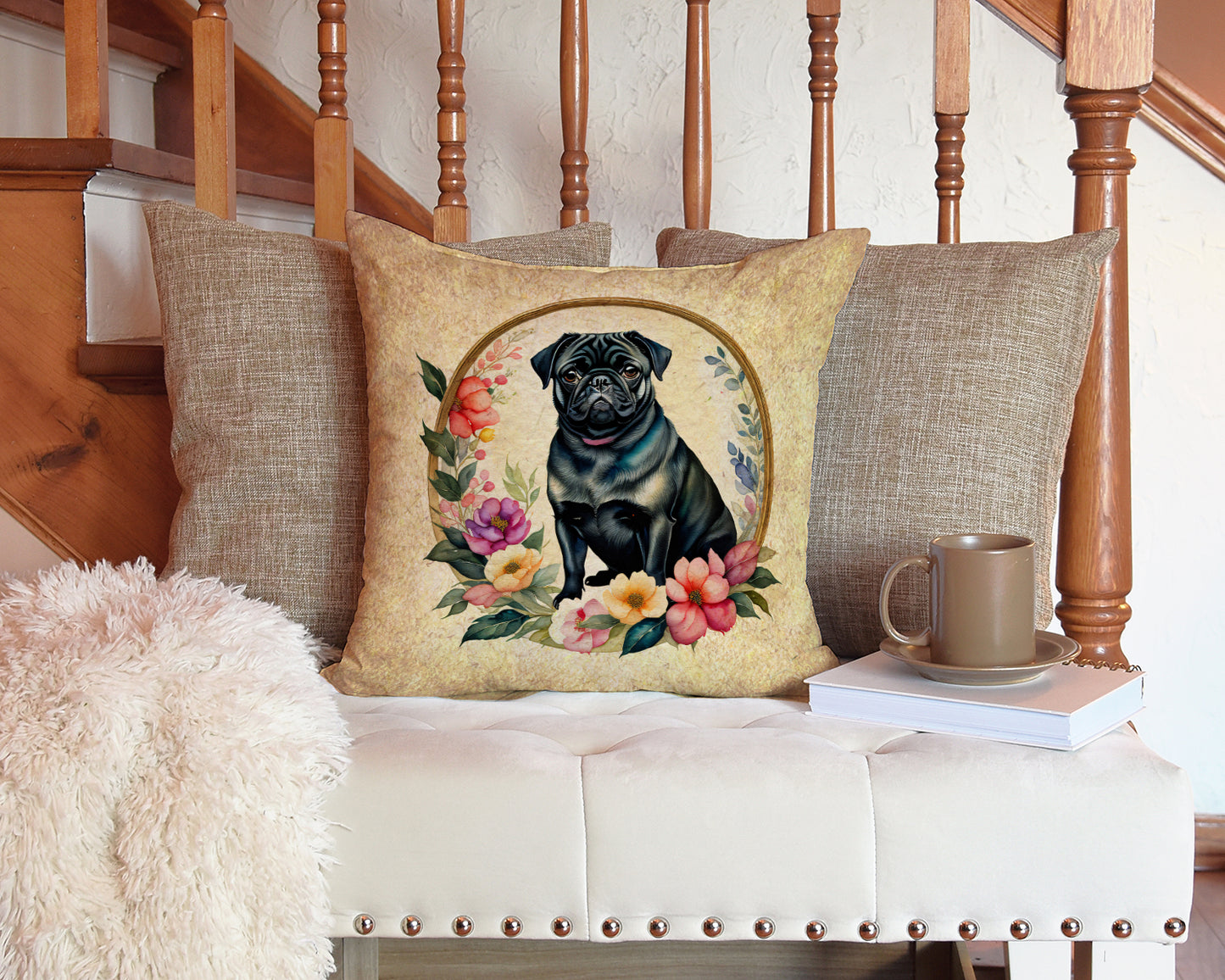 Black Pug and Flowers Throw Pillow