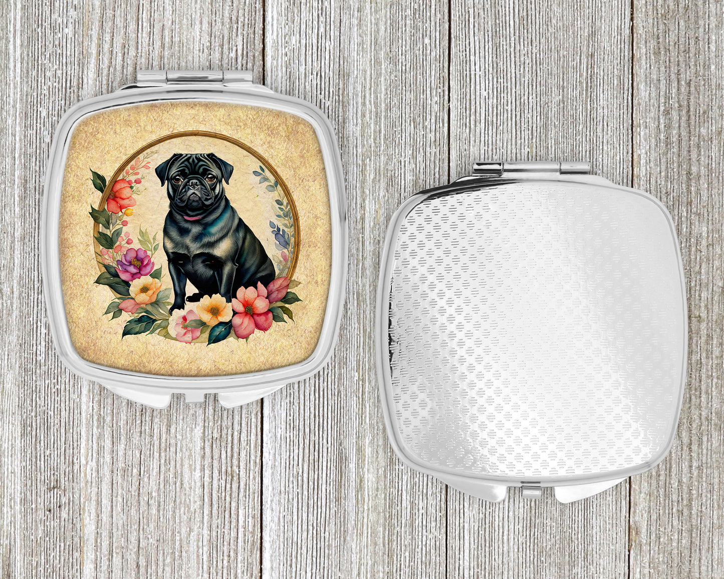 Black Pug and Flowers Compact Mirror