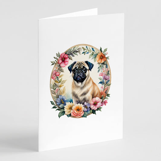 Buy this Fawn Pug and Flowers Greeting Cards Pack of 8