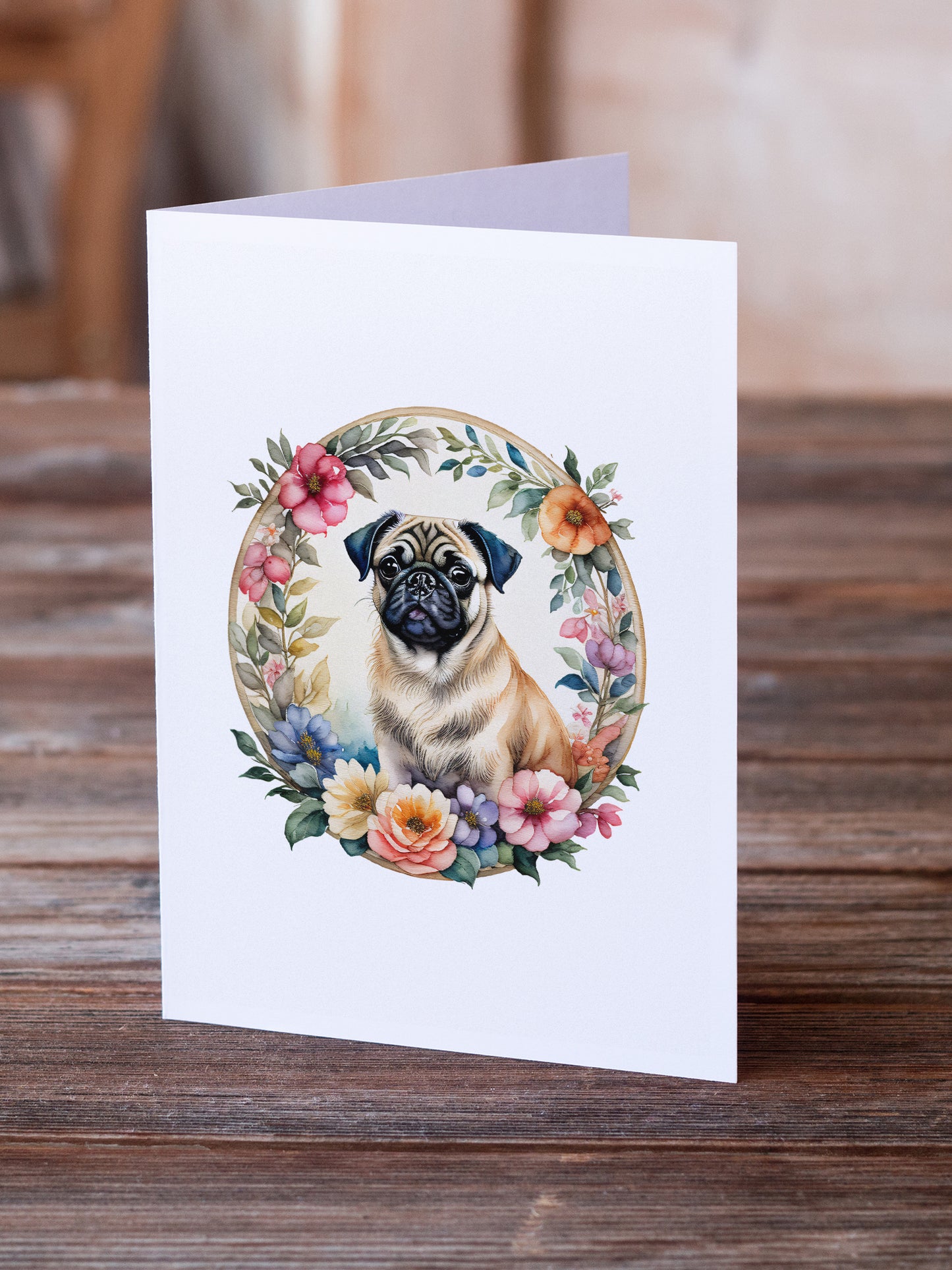 Fawn Pug and Flowers Greeting Cards Pack of 8