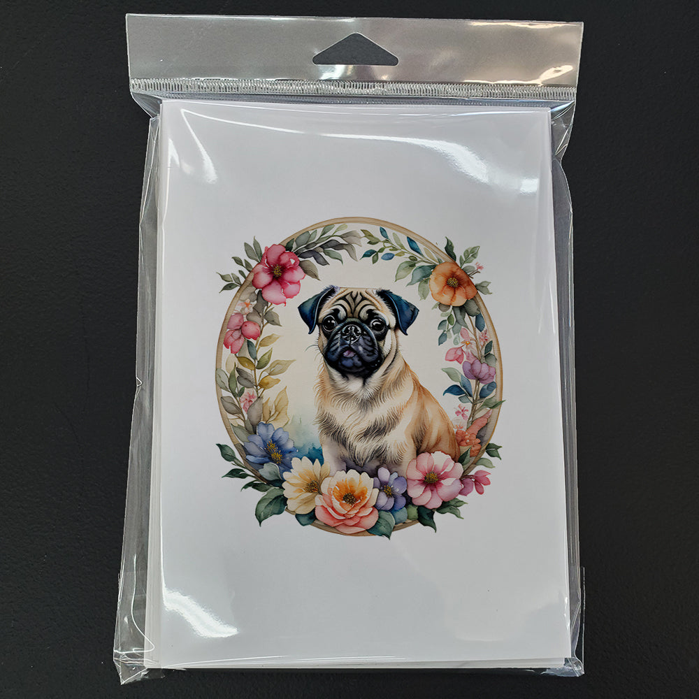 Fawn Pug and Flowers Greeting Cards Pack of 8