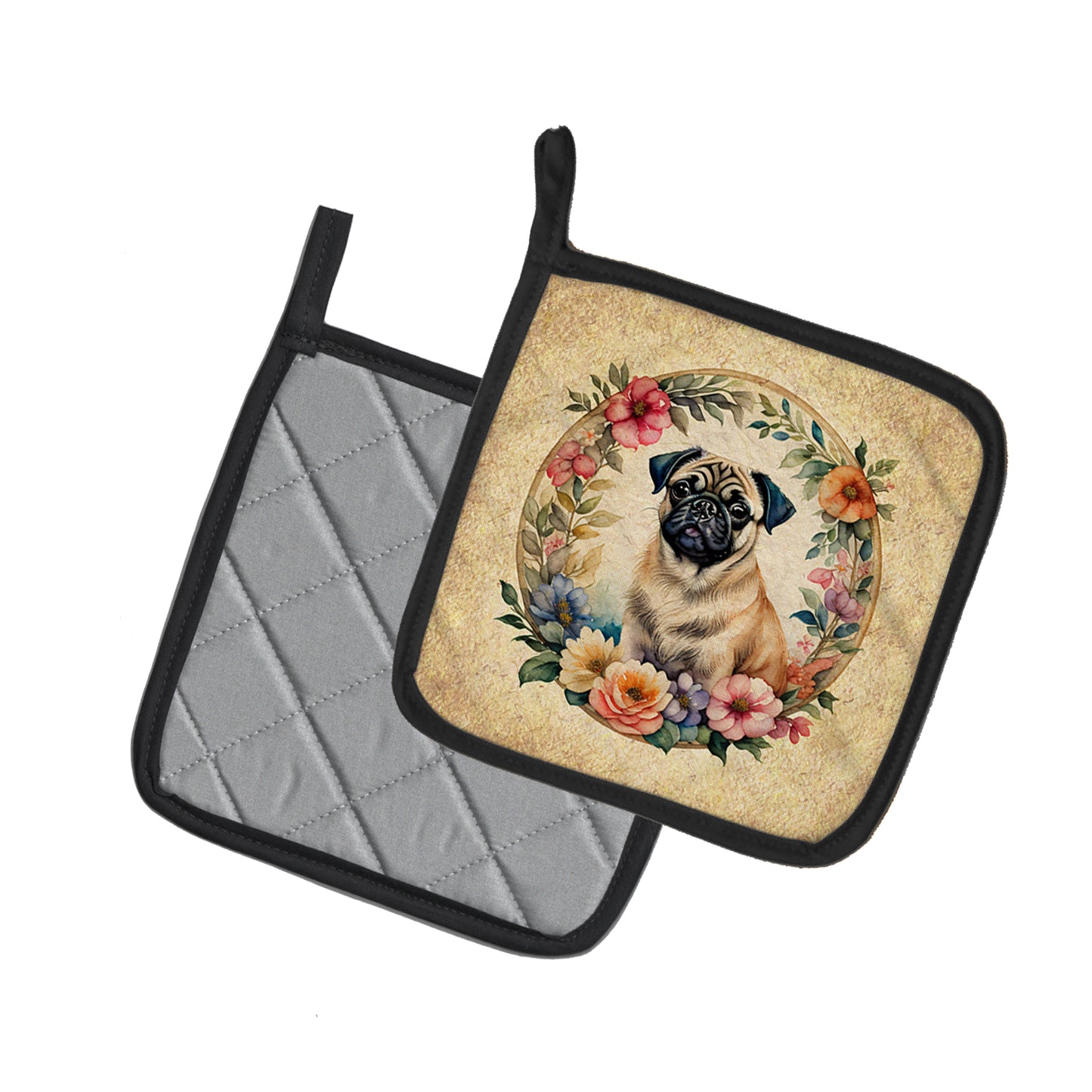 Fawn Pug and Flowers Pair of Pot Holders