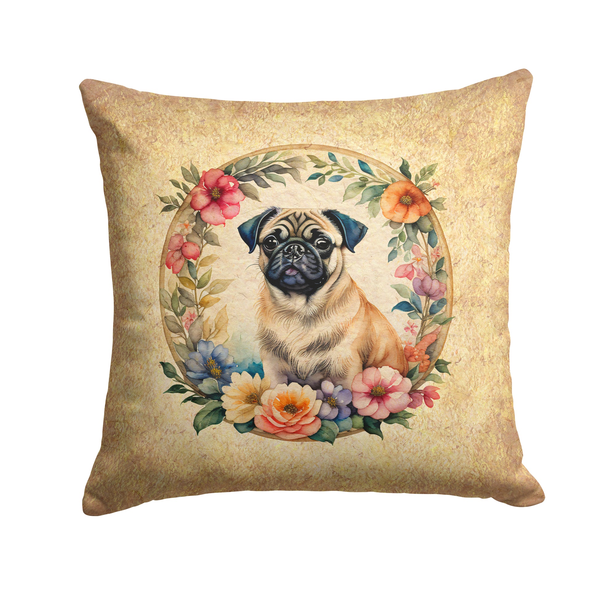 Buy this Fawn Pug and Flowers Throw Pillow