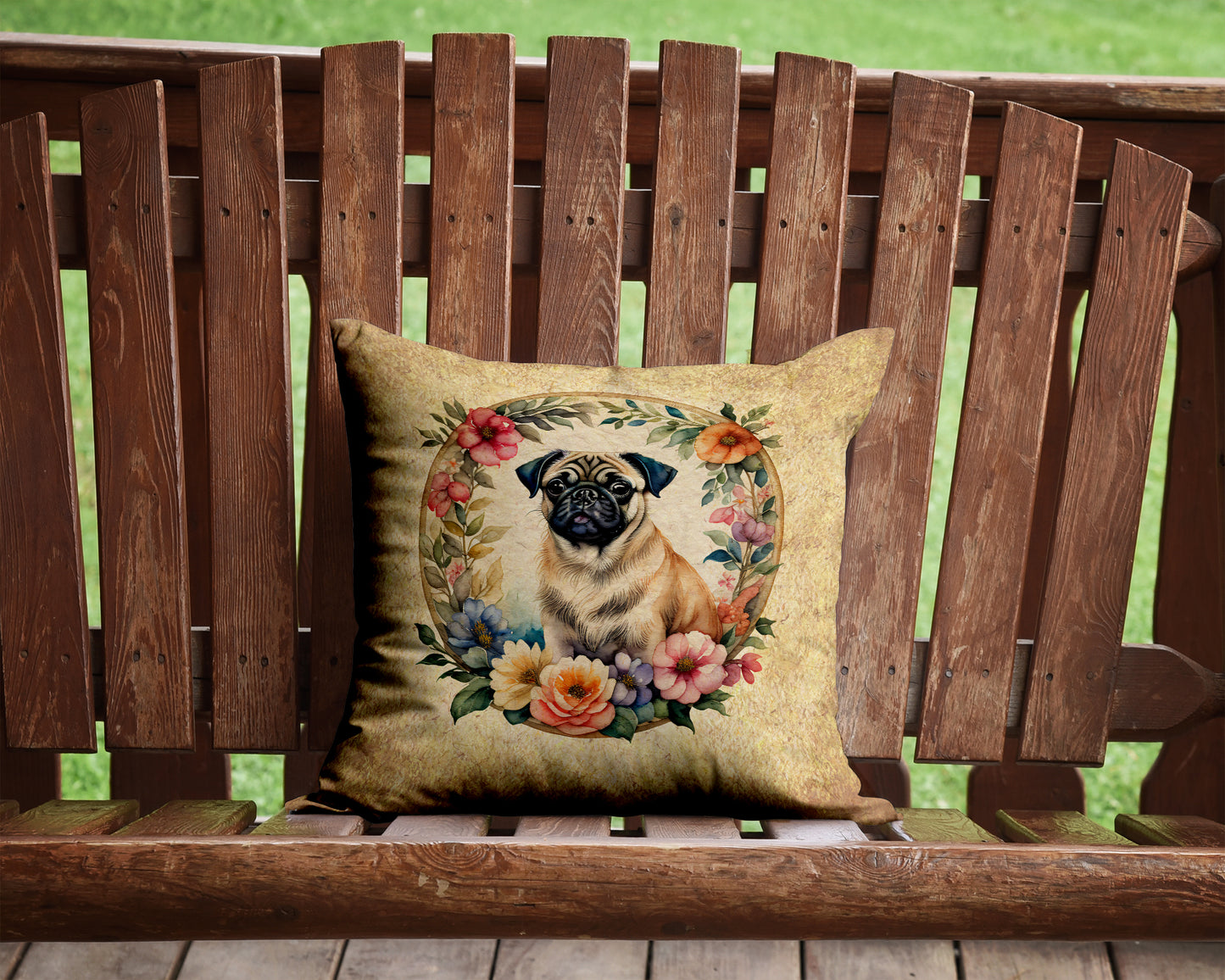 Fawn Pug and Flowers Throw Pillow