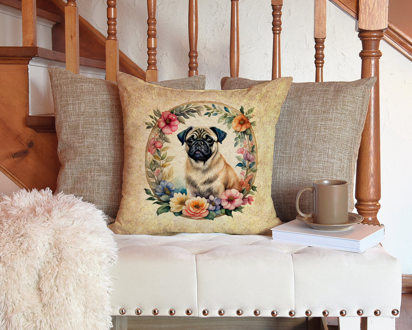 Fawn Pug and Flowers Throw Pillow