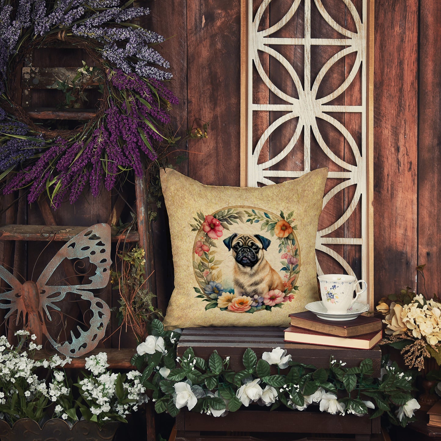 Fawn Pug and Flowers Throw Pillow