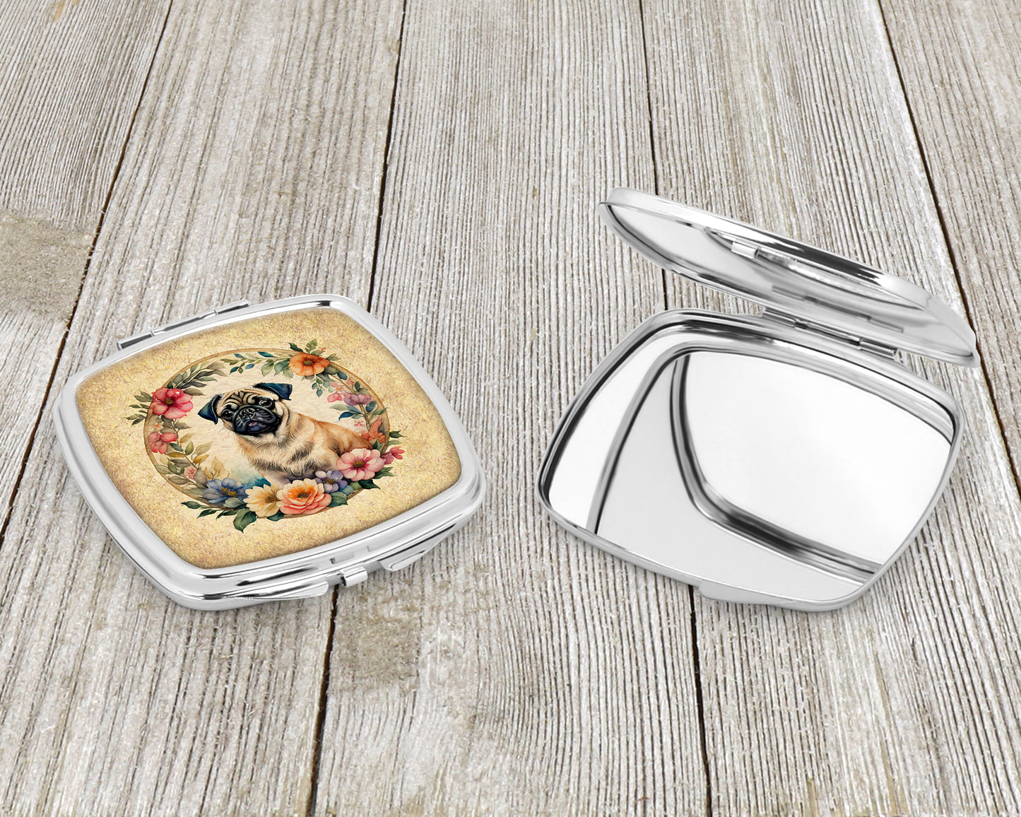 Fawn Pug and Flowers Compact Mirror