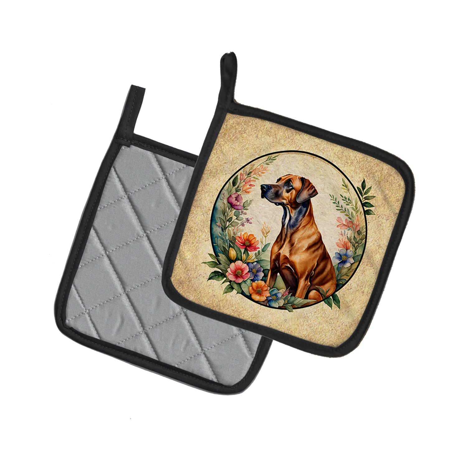 Rhodesian Ridgeback and Flowers Pair of Pot Holders