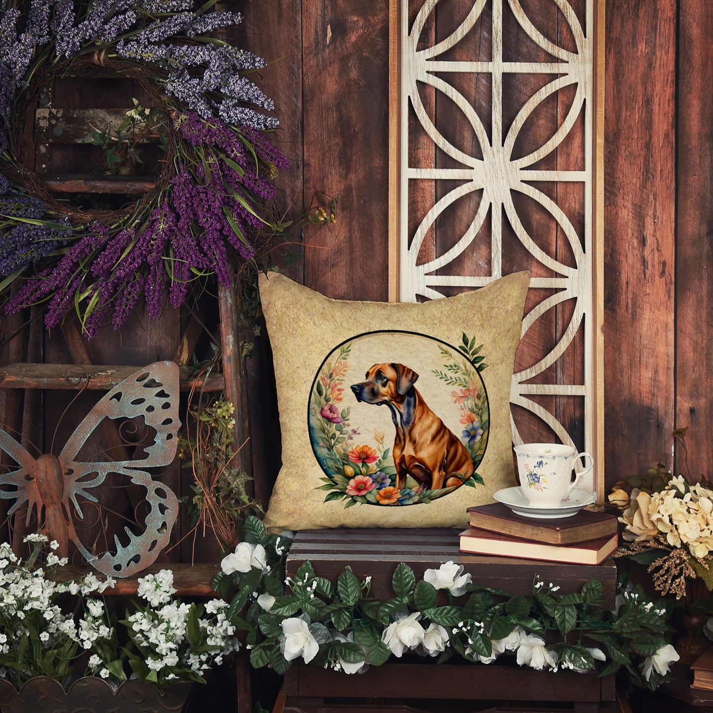 Rhodesian Ridgeback and Flowers Throw Pillow