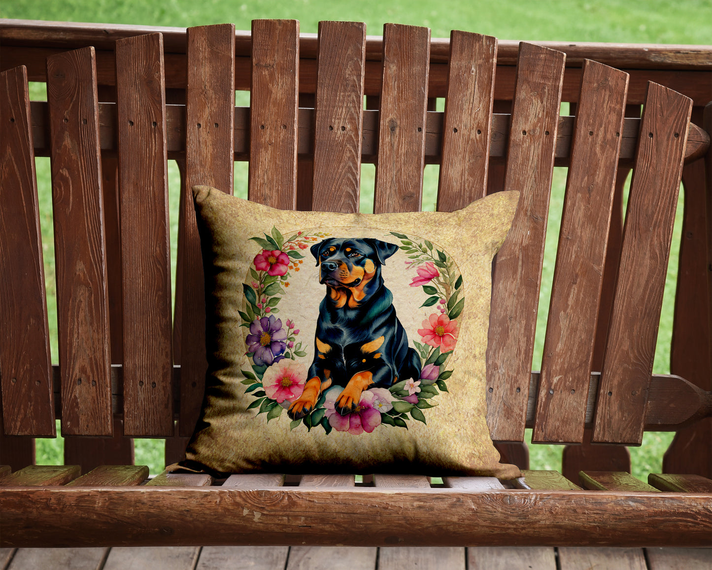 Rottweiler and Flowers Throw Pillow