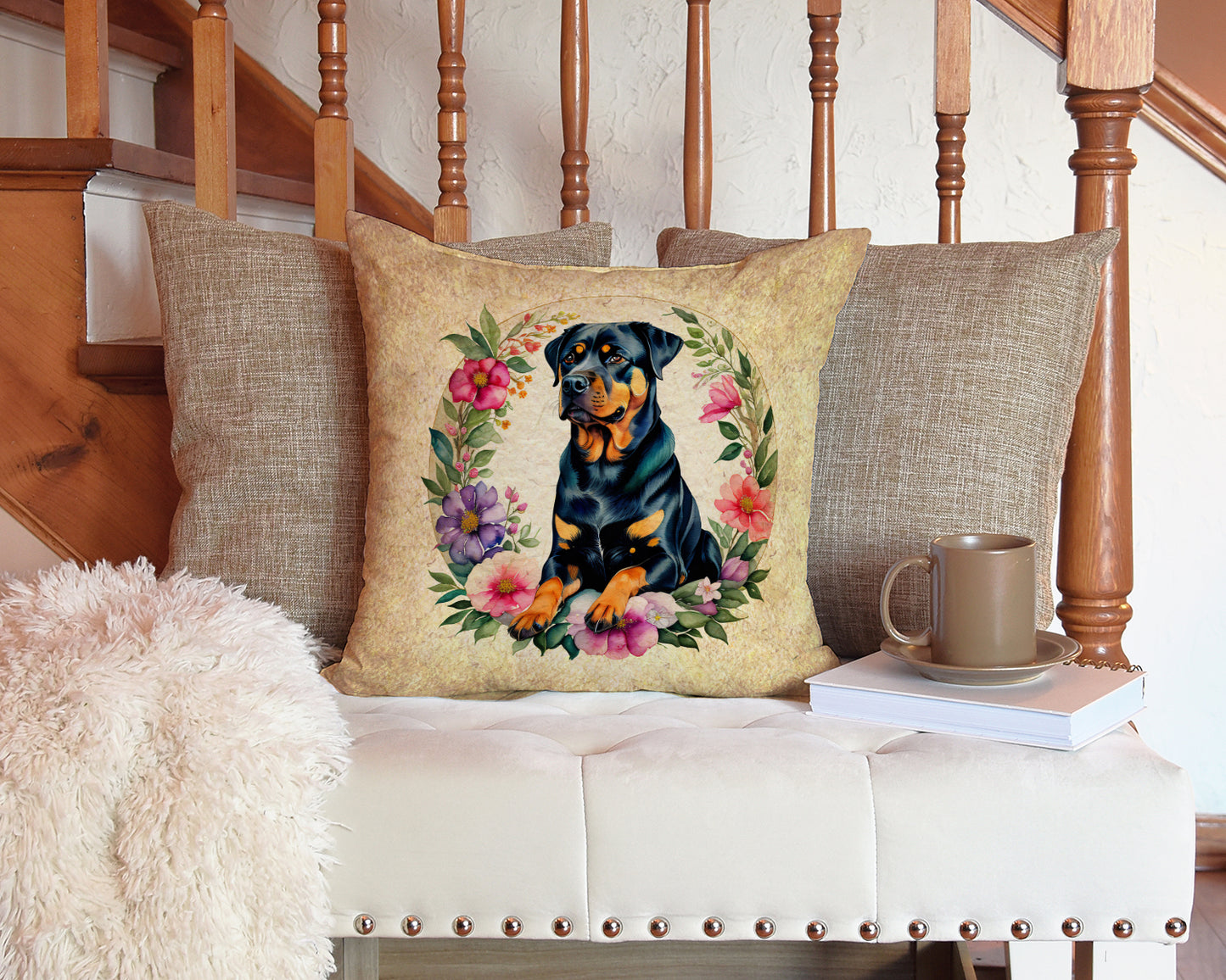 Rottweiler and Flowers Throw Pillow