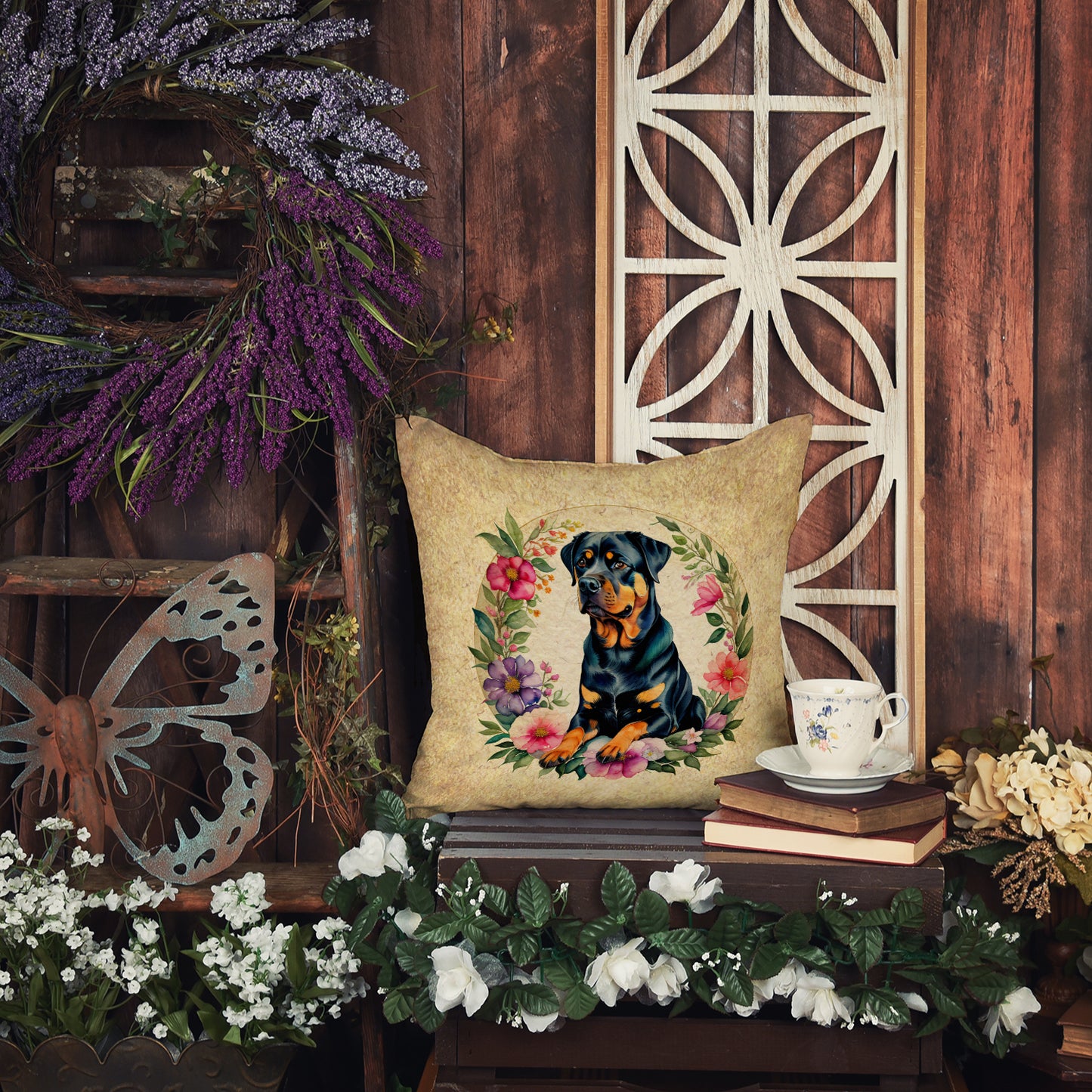 Rottweiler and Flowers Throw Pillow