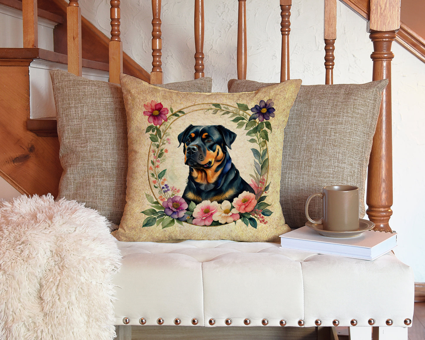 Rottweiler and Flowers Throw Pillow