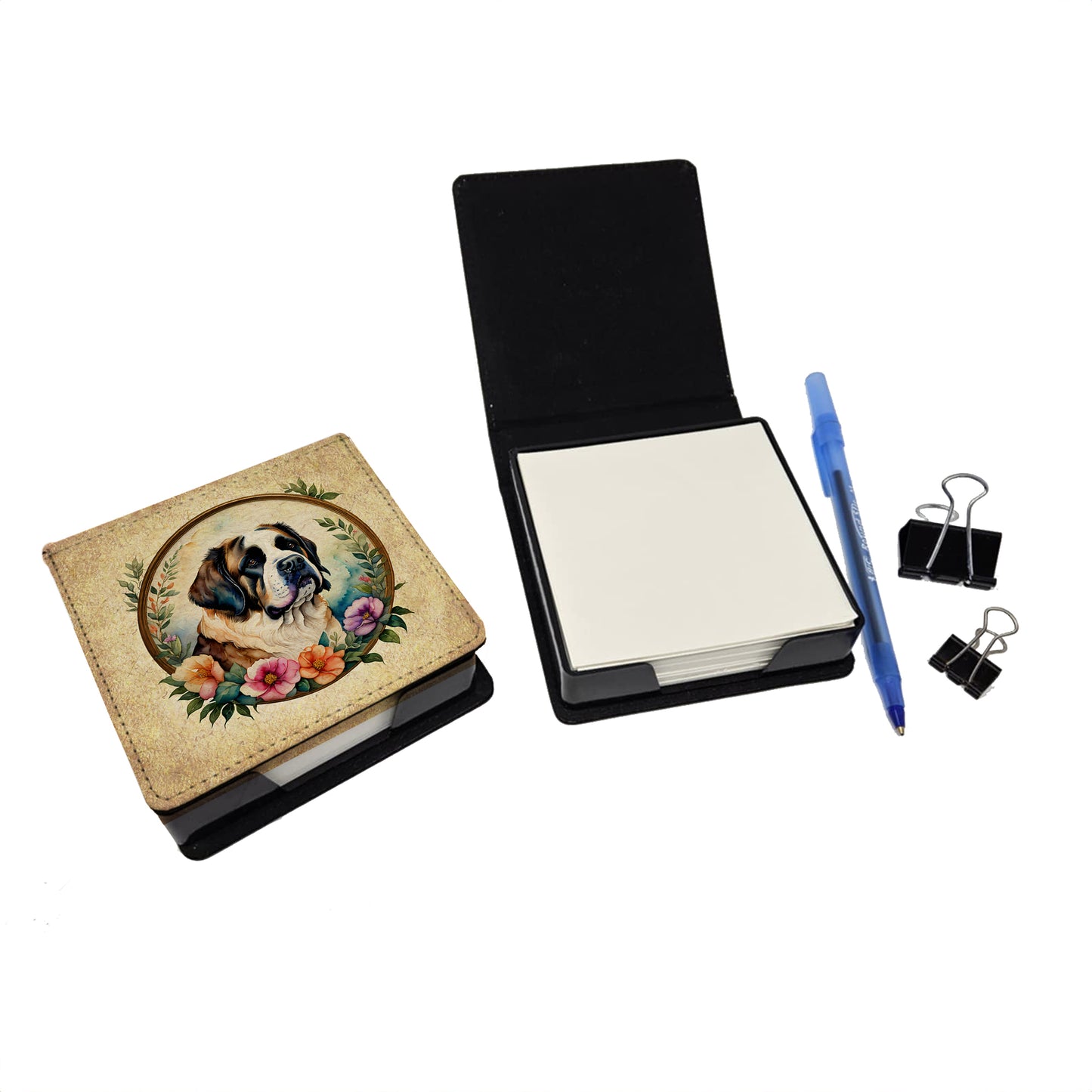 Saint Bernard and Flowers PU Leather Note Paper Holder