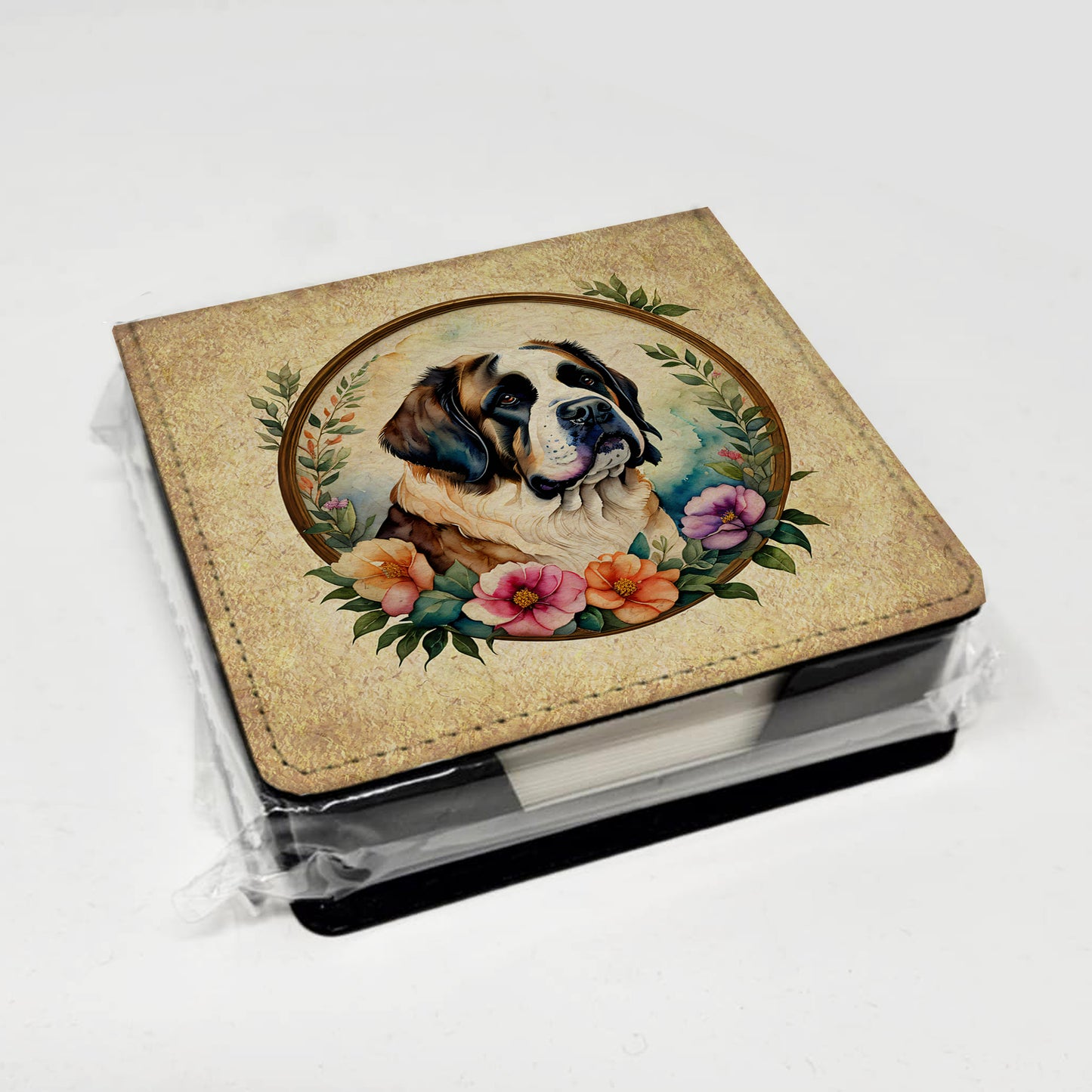 Saint Bernard and Flowers PU Leather Note Paper Holder