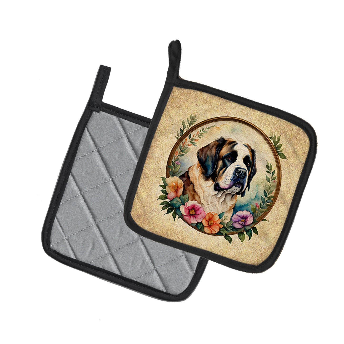 Saint Bernard and Flowers Pair of Pot Holders