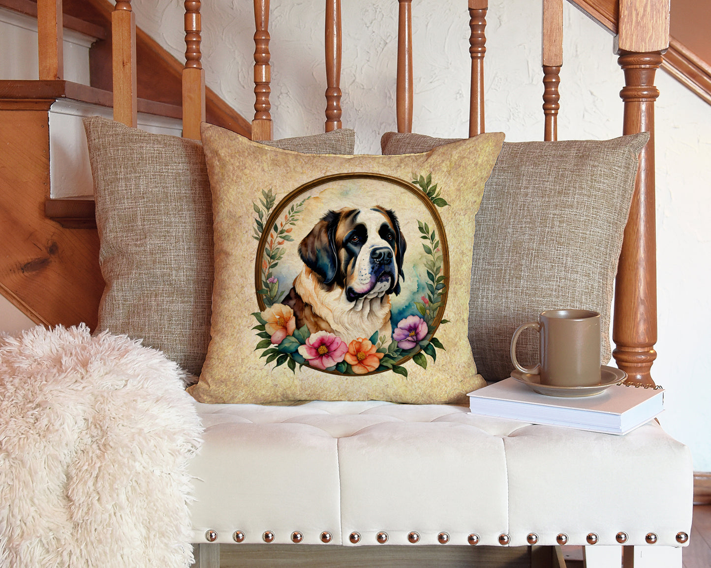 Saint Bernard and Flowers Throw Pillow