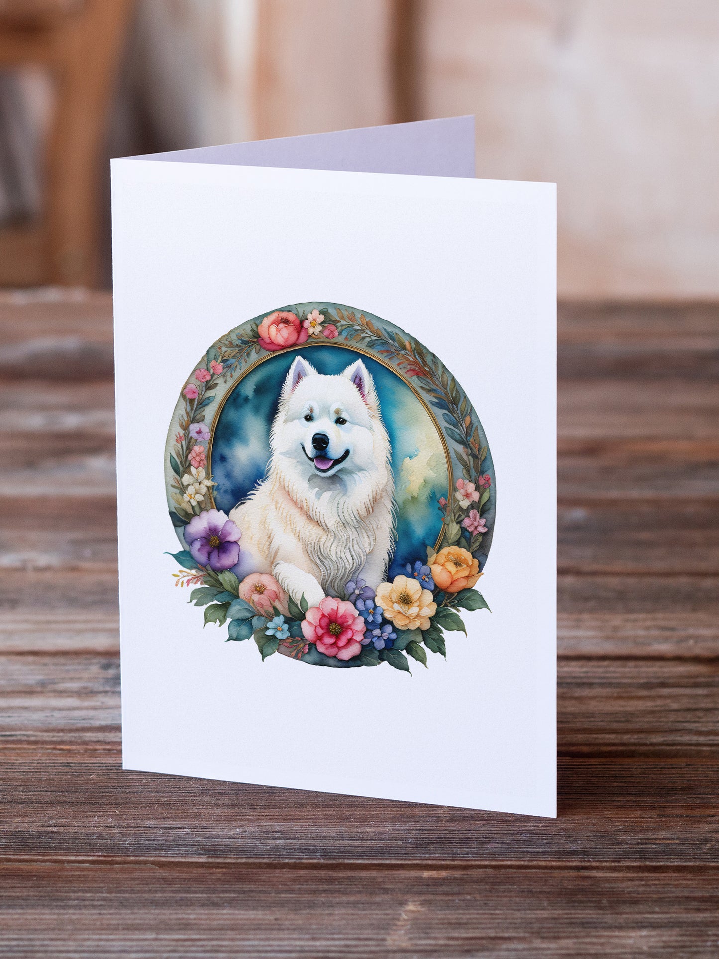 Samoyed and Flowers Greeting Cards Pack of 8